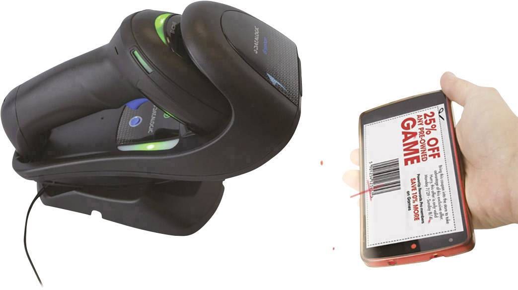 Ein Handscanner liest einen Barcode auf einem Handybildschirm, auf dem ein Rabatt von 25 % auf Spiele angezeigt wird.