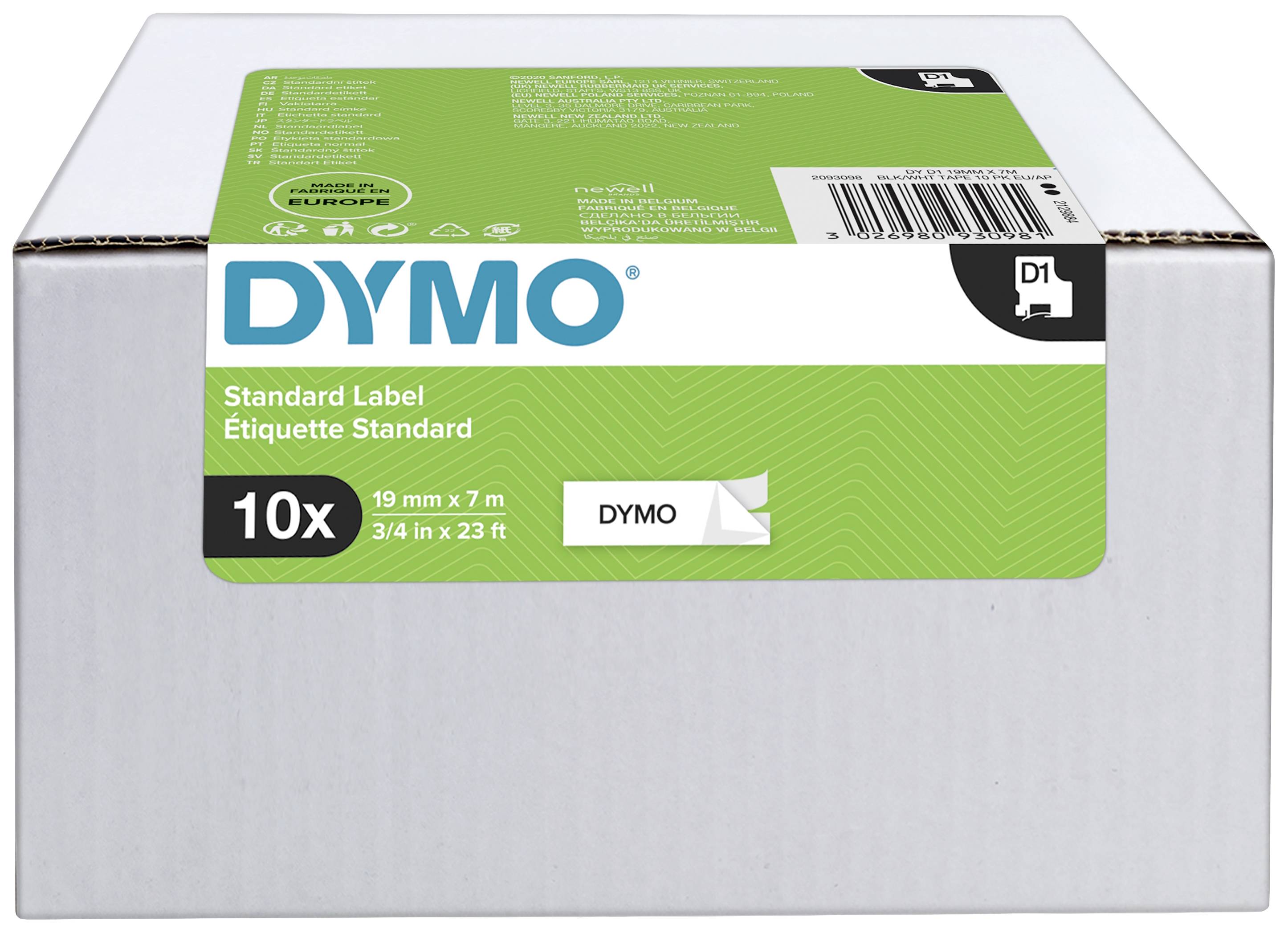 DYMO-Verpackung mit 10 Standardetiketten, 19 mm x 7 m. Enthält Produktspezifikationen und Barcodes auf der grünen Vorderseite.