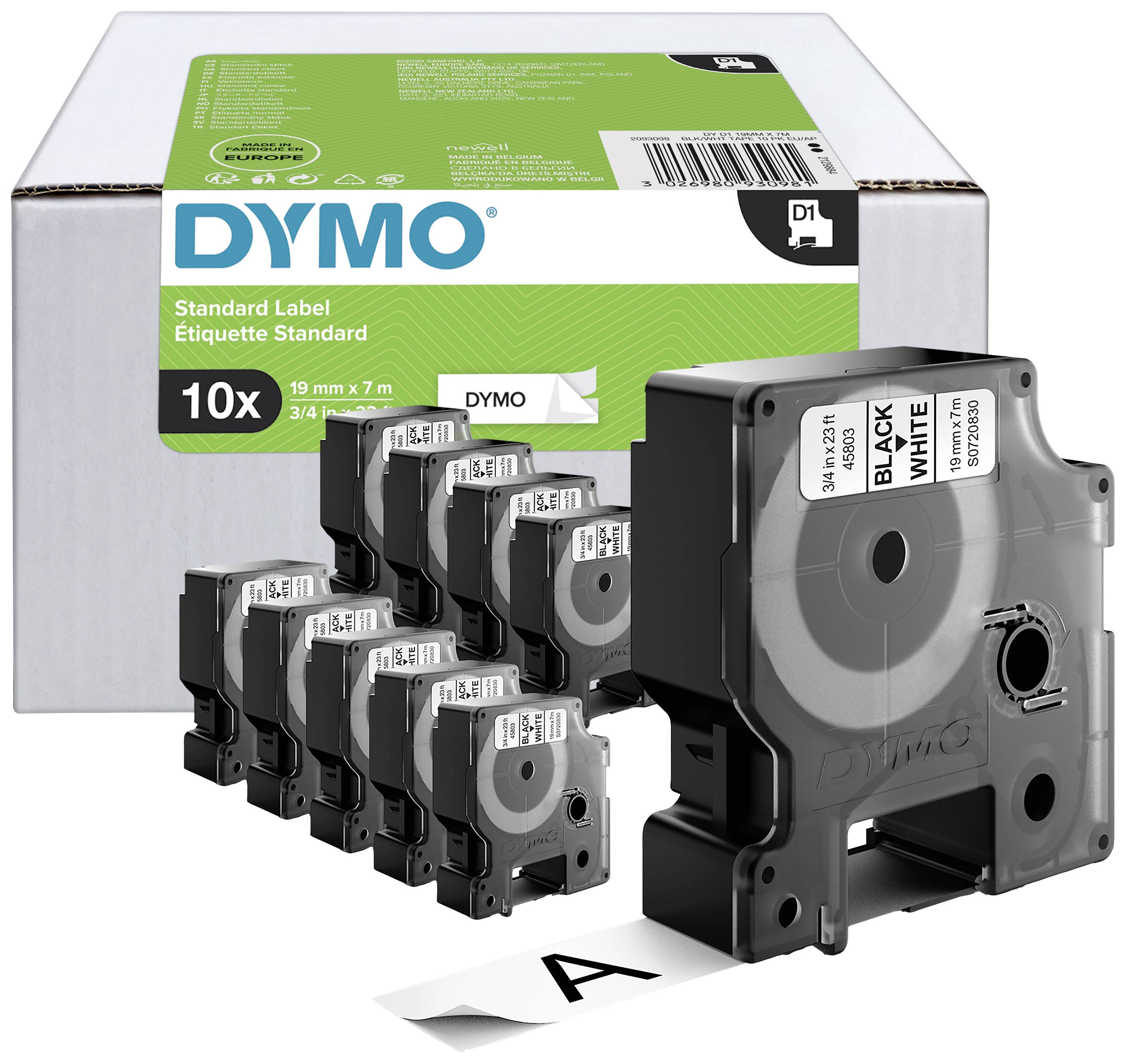Zehn Dymo-Etikettenkassetten mit schwarzer Schrift auf weißem Grund vor einer Produktbox, geeignet für Dymo-Beschriftungsgeräte.