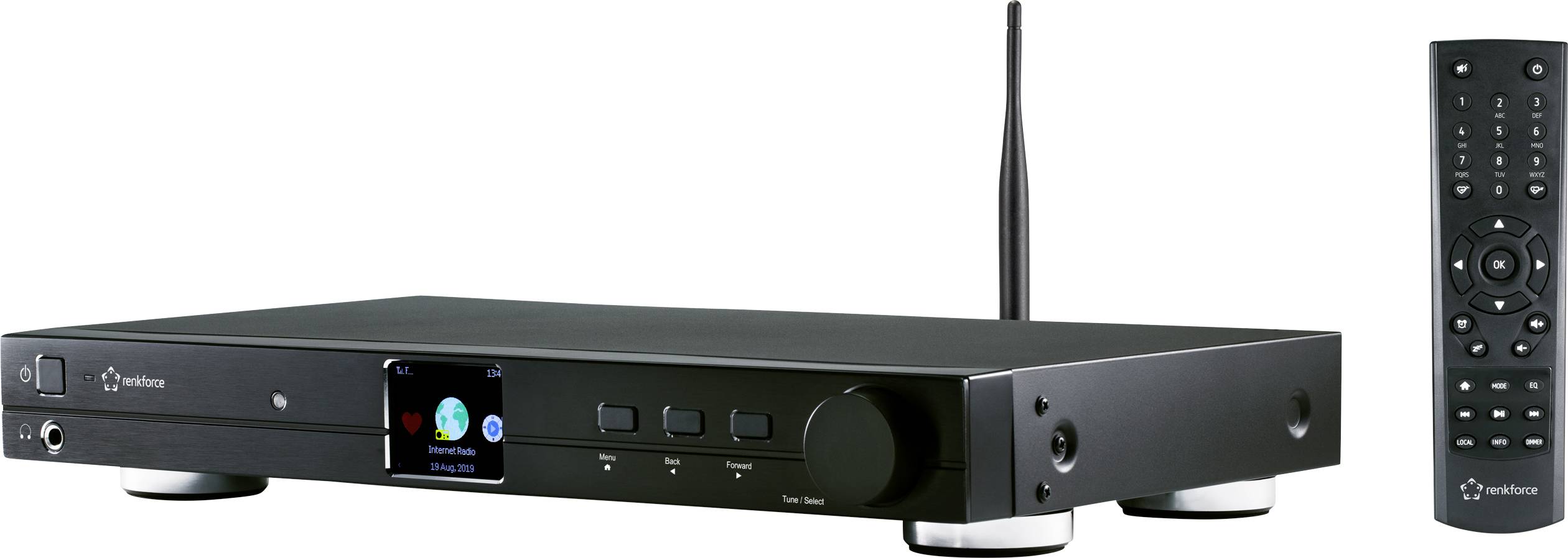 Schwarzer AV-Receiver mit WLAN-Antenne, Display und Fernbedienung. Hauptbedienelemente und Anschlüsse auf der Vorderseite.