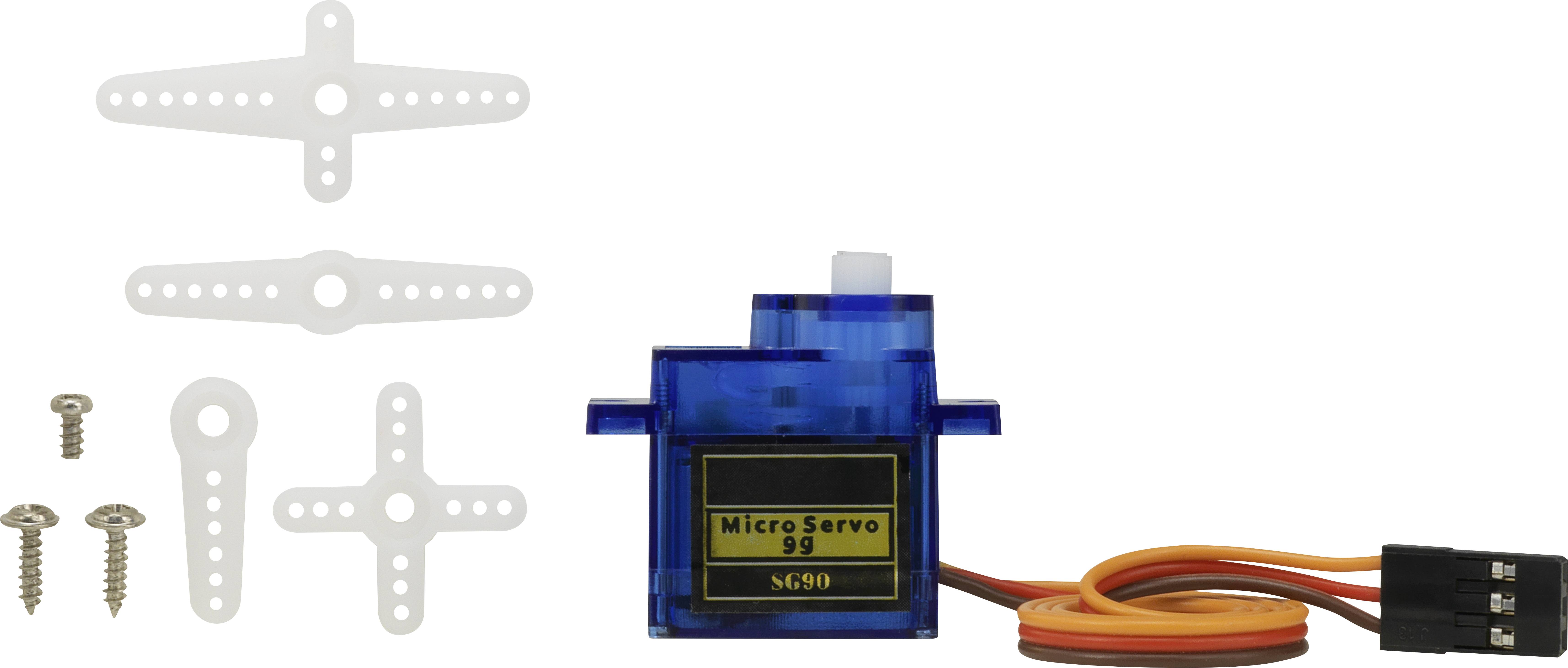 Servo-Motor-Kit mit blauem Micro-Servo, Schrauben, Servoarmen und Kabeln für Modellbauanwendungen.