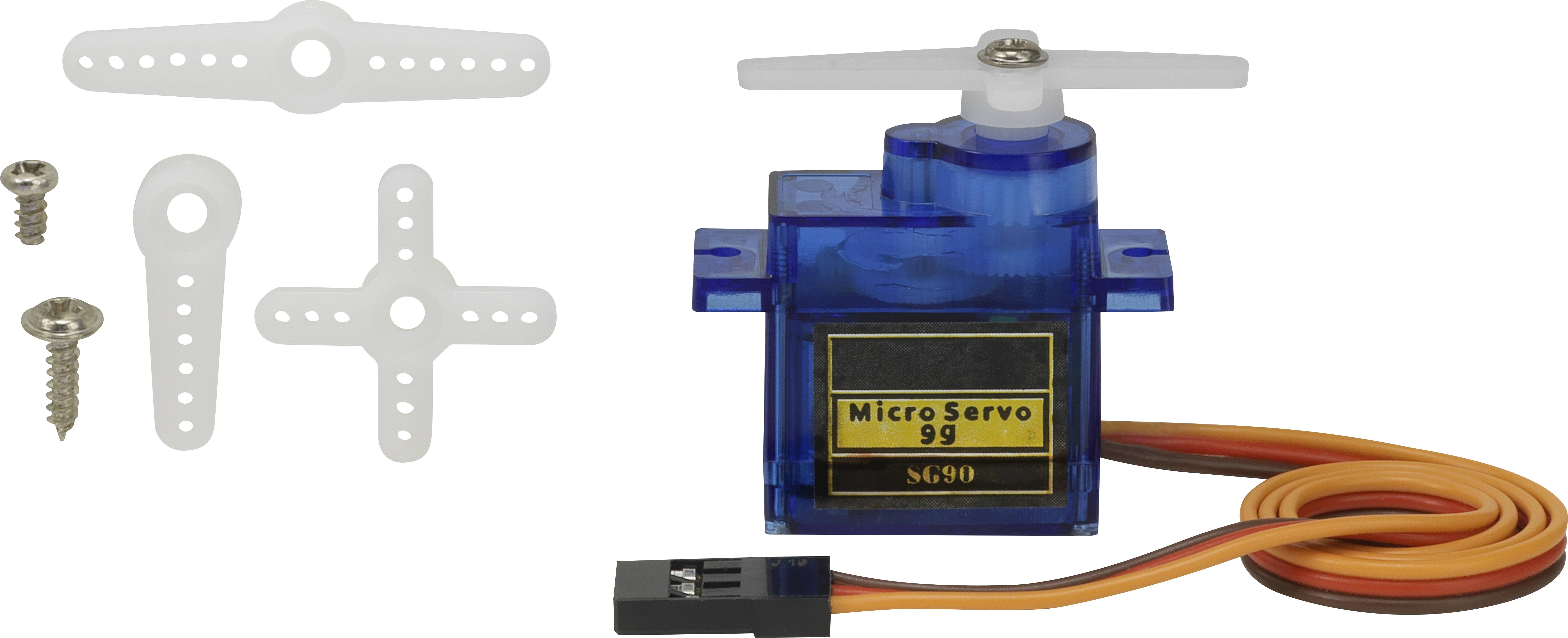 Ein blauer Micro-Servo-Motor mit orange-braunen Kabeln, rechts abgebildet. Links Montagezubehör, einschließlich Schrauben und Hebelarme.