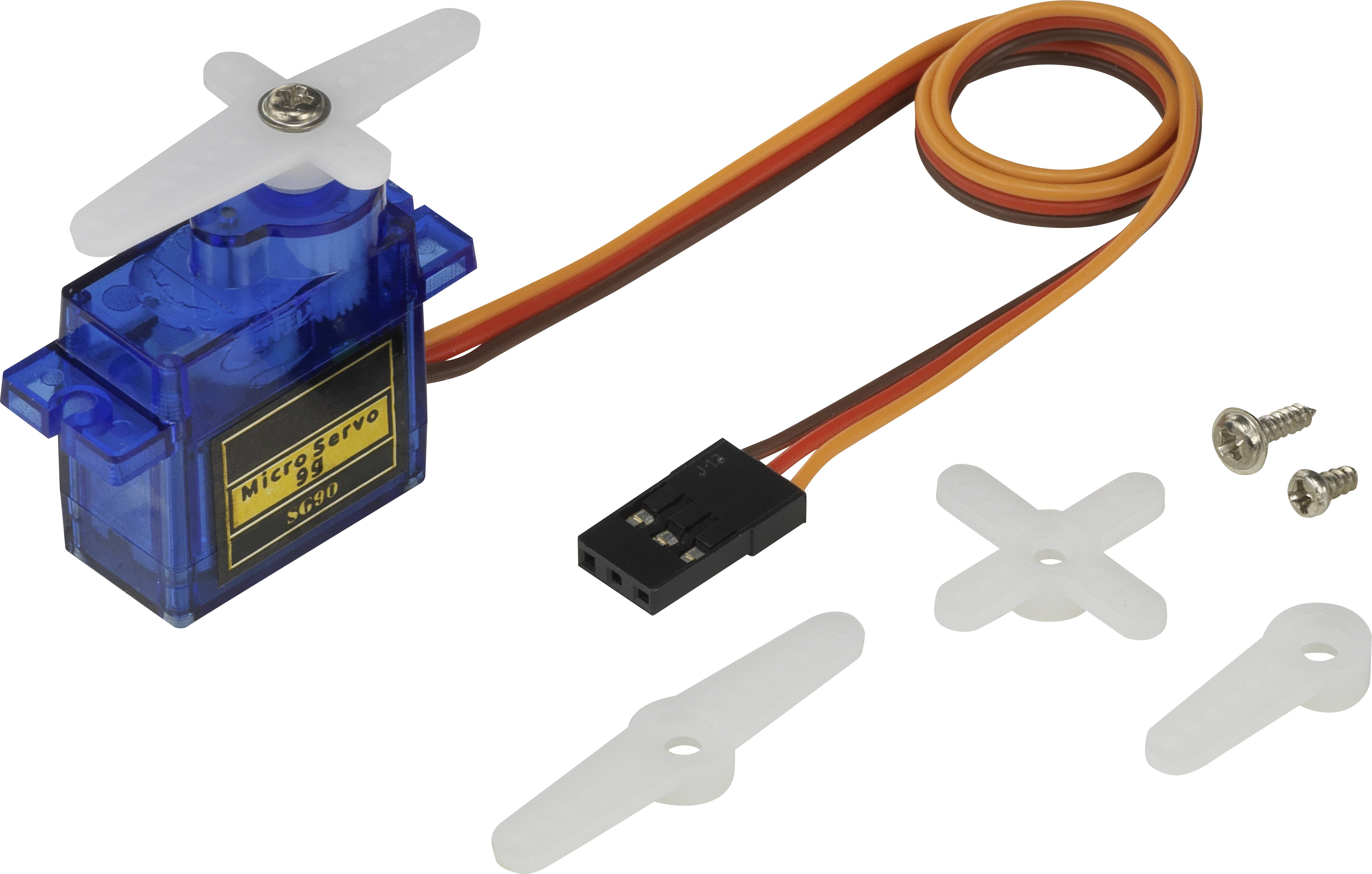 Ein blauer Mikroservo mit Kabel, Stecker, zwei Schrauben und drei austauschbaren Kunststoffarmen.