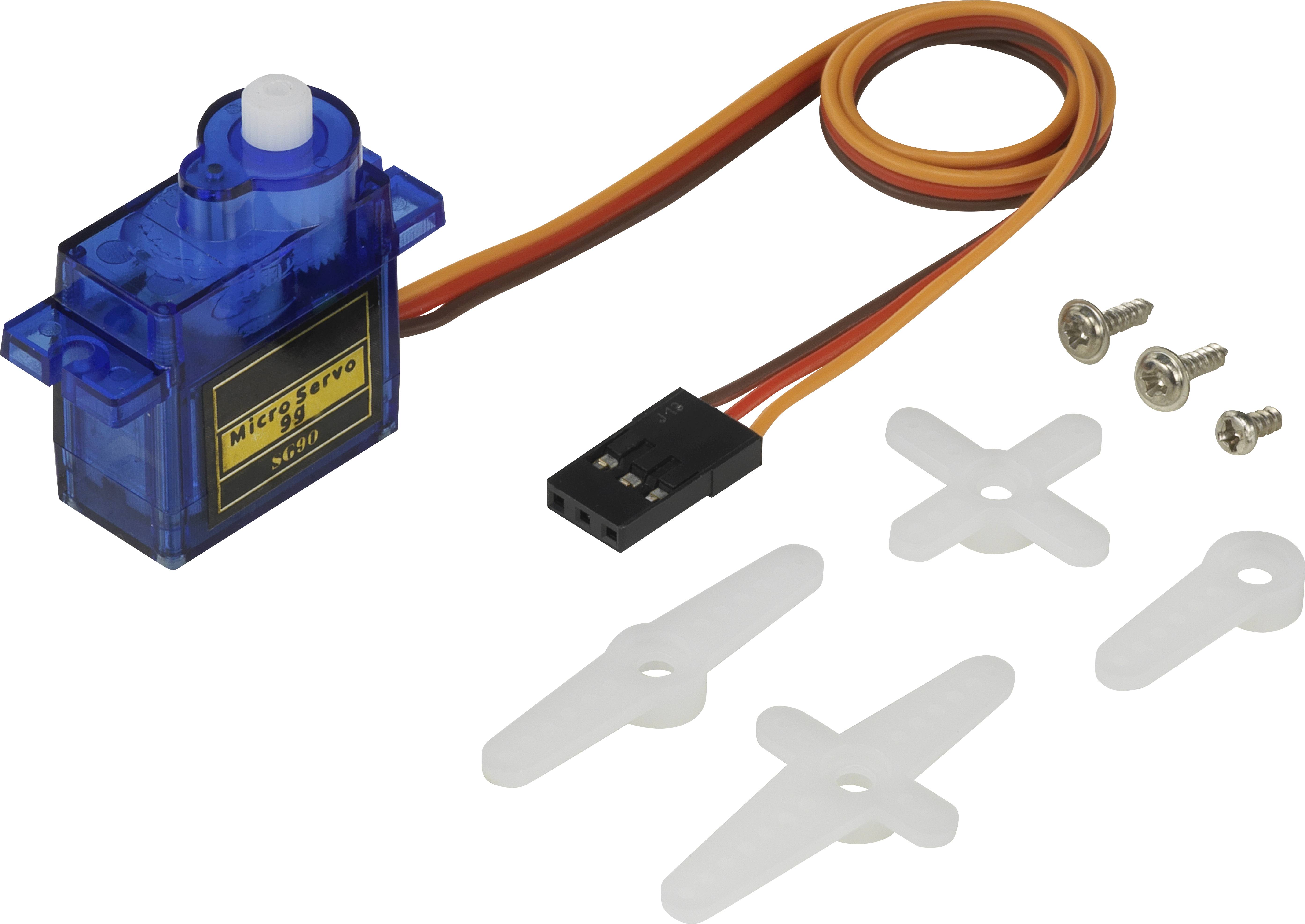 Ein blauer Mikromotor mit Anschlusskabel, drei Befestigungselementen und drei Schrauben, die zusammen auf einem weißen Hintergrund liegen.