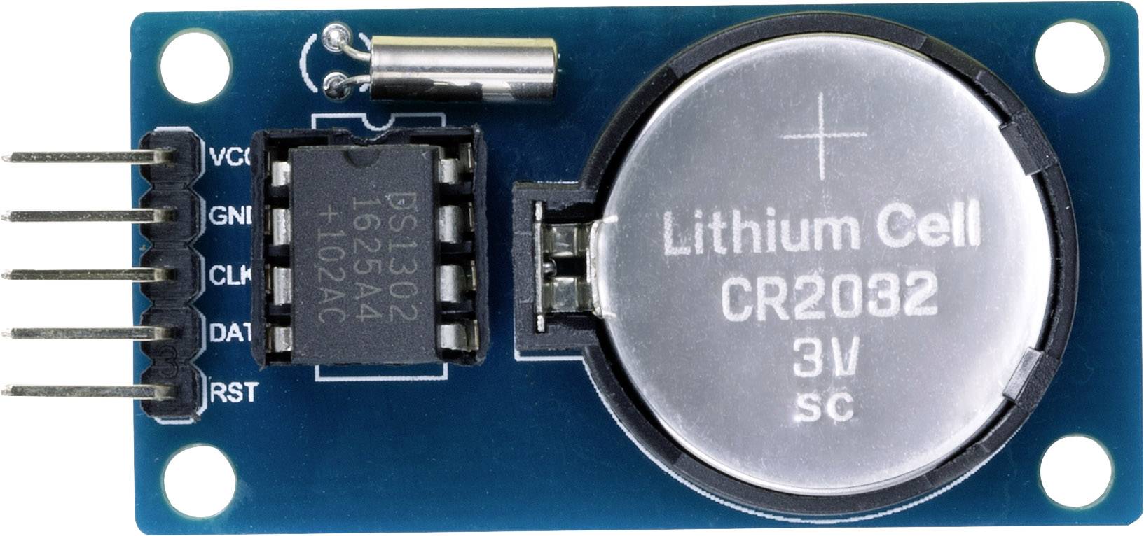RTC-Modul mit Batterie und vier Anschluss-Pins, beschriftet mit 'Lithium Cell CR2032 3V'. Verwendet für Zeitmessung in Geräten.