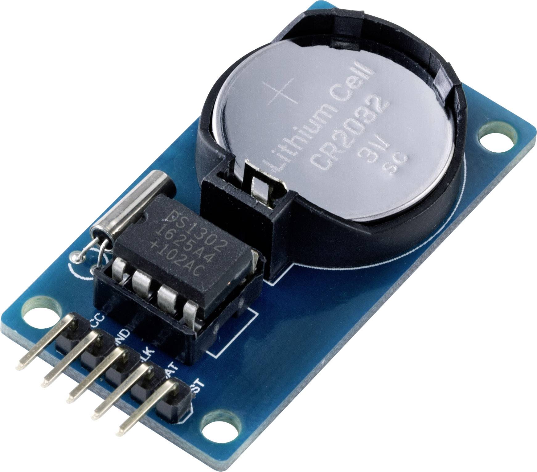 Ein blauer RTC-Modul mit einer Lithium-Knopfzelle CR2032. Enthält Anschlüsse und einen Chip für Echtzeituhrfunktionen.
