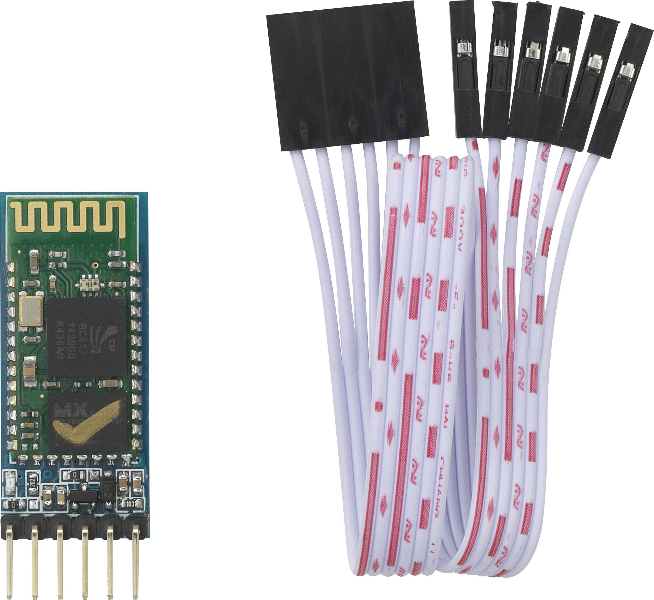 HC-05 Bluetooth-Modul mit Anschlusspins und passende Kabel. Für drahtlose Kommunikation mit tragbaren und Heimgeräten geeignet.