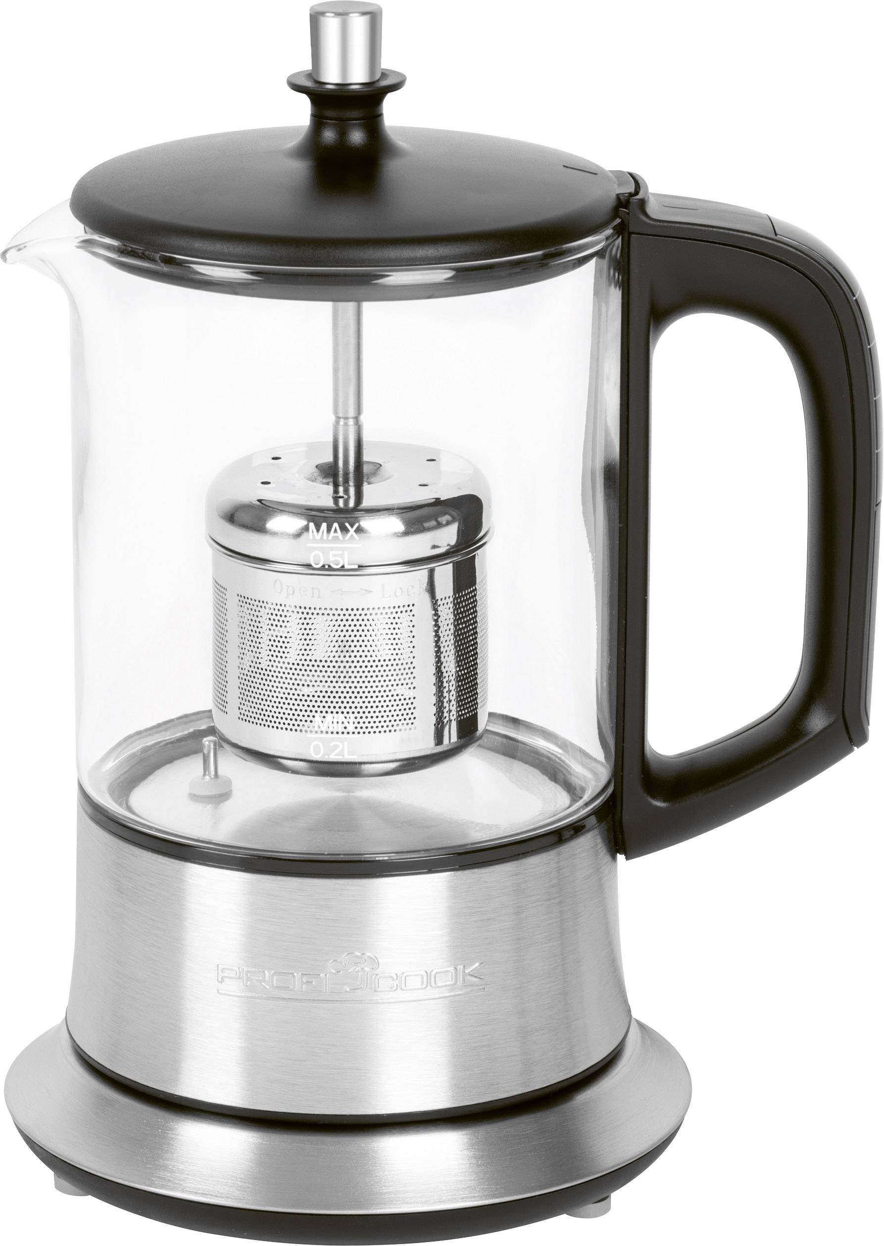Ein Wasserkocher aus Glas und Edelstahl mit schwarzem Griff und Deckel, ausgestattet mit einem integrierten Teesieb.