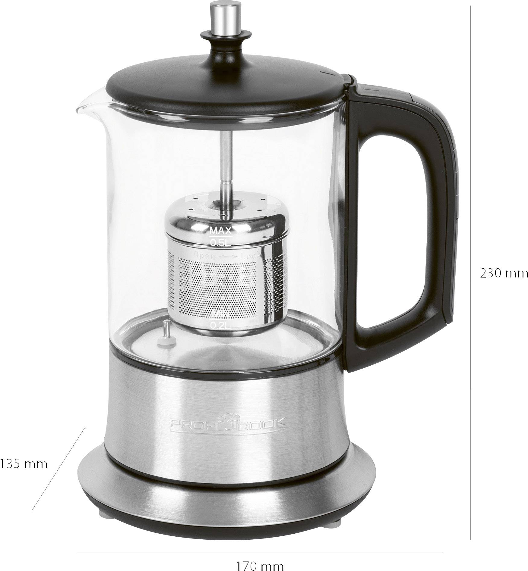 Elektrischer Teekocher aus Edelstahl, Glas und schwarzem Plastik. Inklusive integriertem Teesieb mit Maximalfüllstandsmarkierung. Maße: 170 mm x 230 mm x 135 mm.