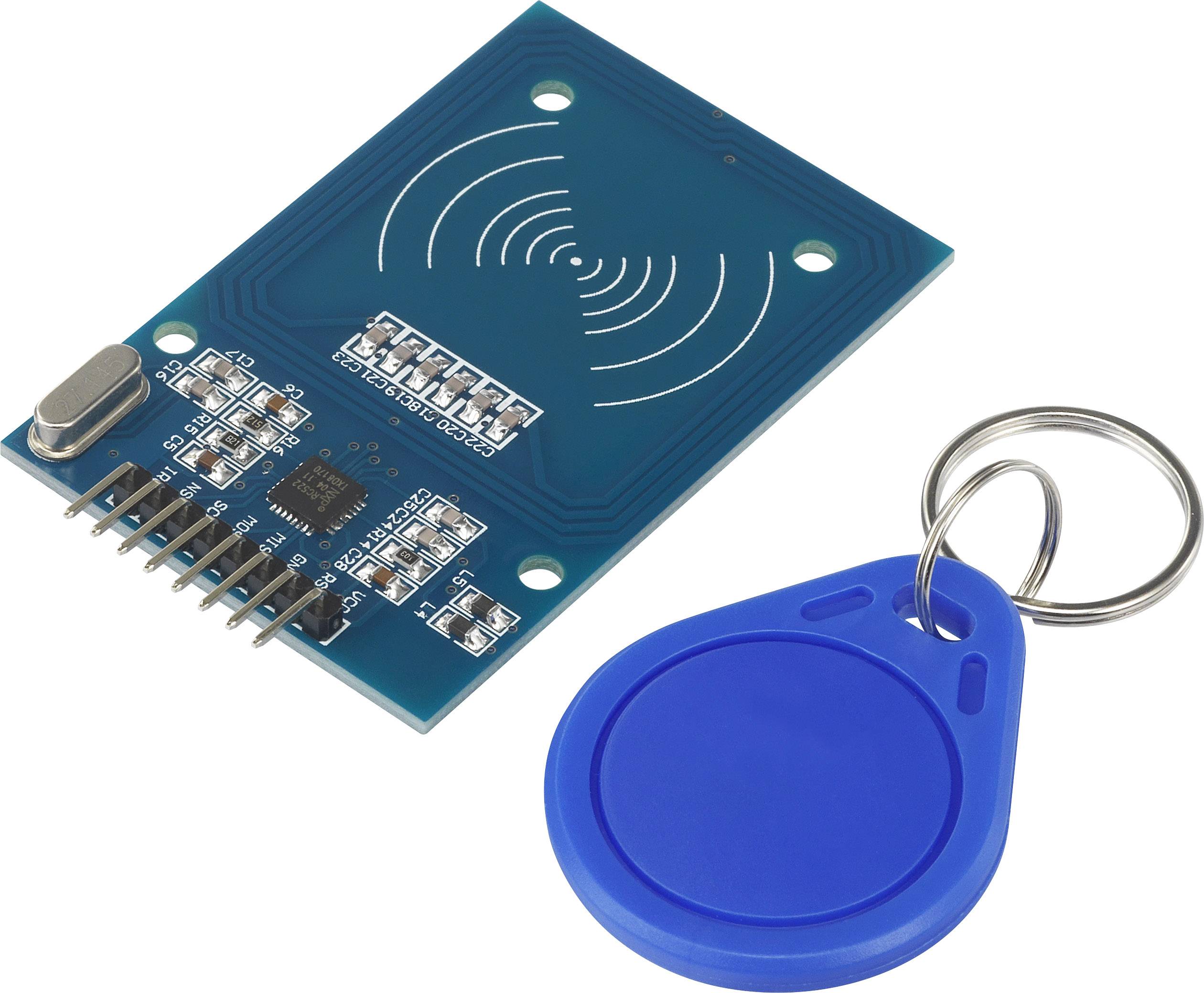 Ein RFID-Lesemodul mit einer blauen Schlüsselanhängerkarte.