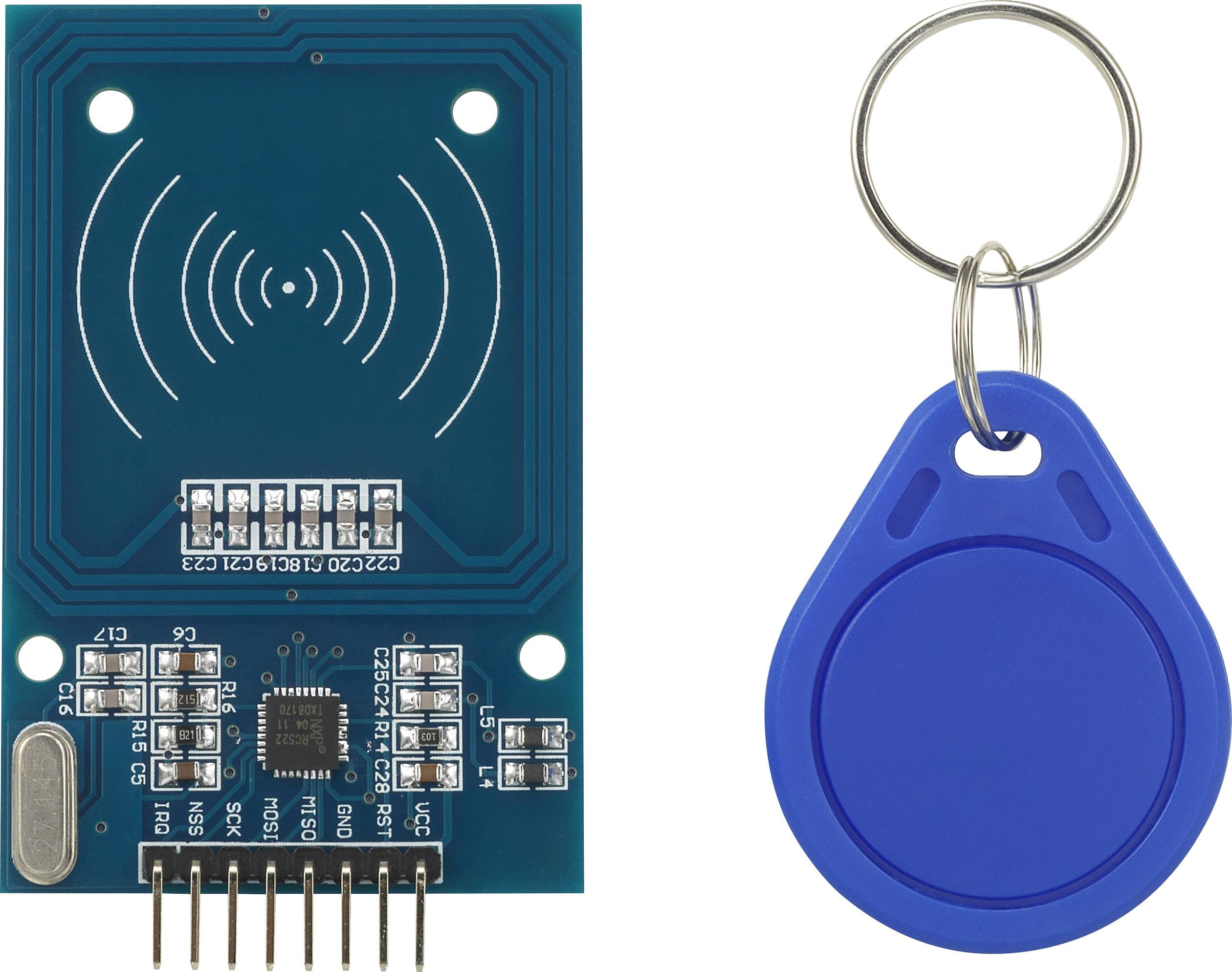 Ein RFID-Lesegerät mit einer blauen RFID-Chipkarte. Das Lesegerät ist elektronisch, die Karte hat einen Schlüsselanhänger.