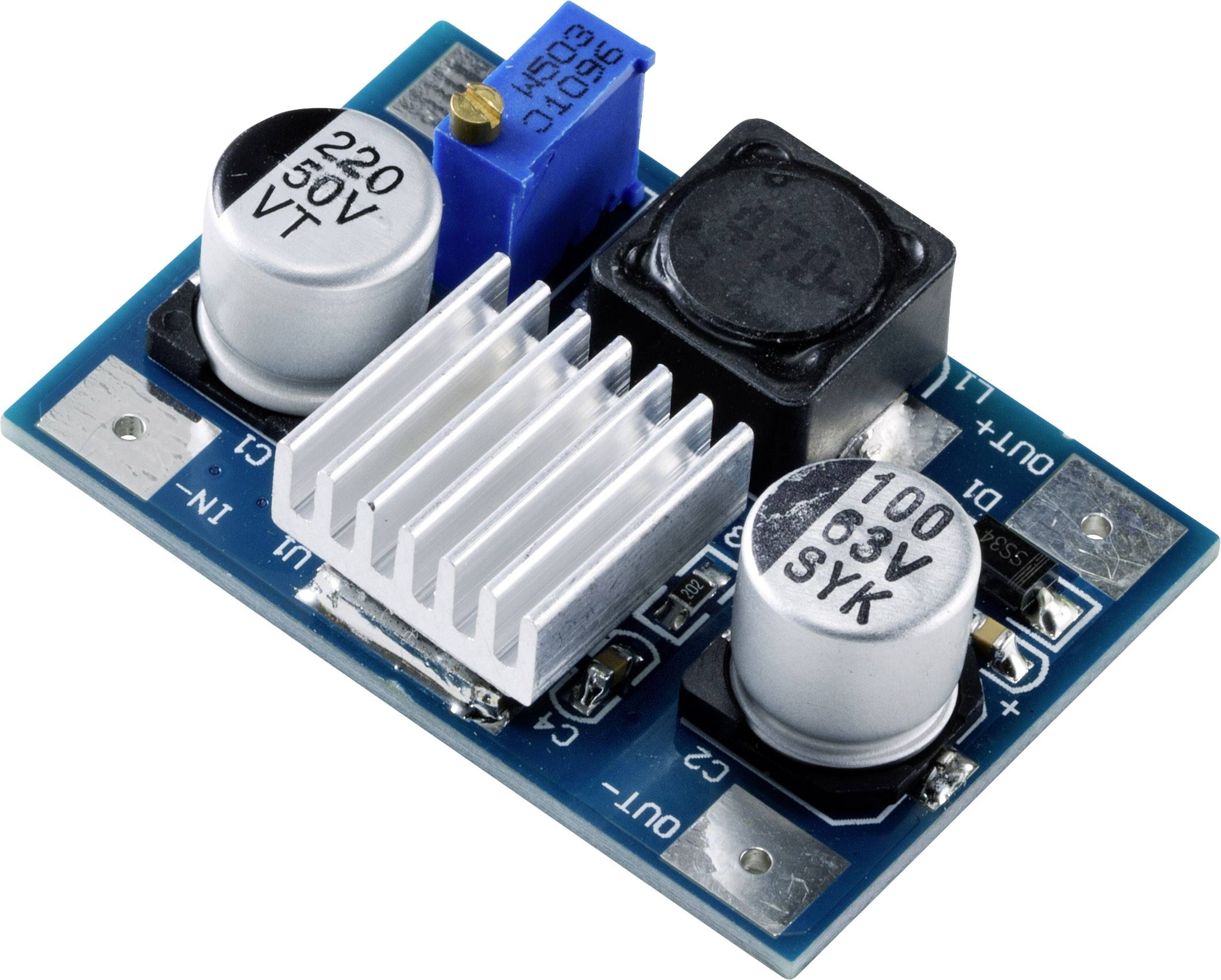 Elektronisches Modul mit Kühlkörper, Kondensatoren und Potentiometer. Könnte zur Spannungsregulierung oder Stromversorgung dienen.