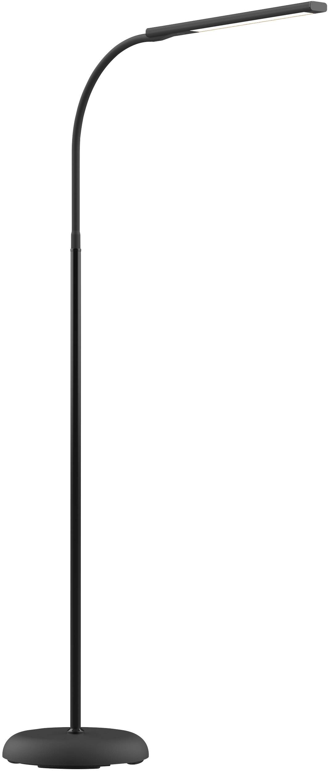 Schwarze Stehlampe mit gebogenem Hals und flachem Leuchtelement, geeignet für modernes Wohnzimmer oder Arbeitsbereich.