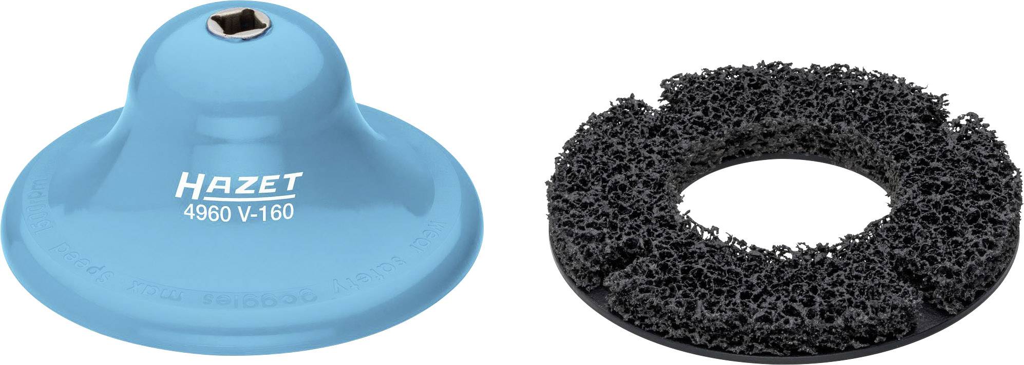 Bild zeigt einen blauen Hazet Schleifteller und eine schwarze Schleifscheibe zur Metallbearbeitung. Modellnummer: 4960 V-160.