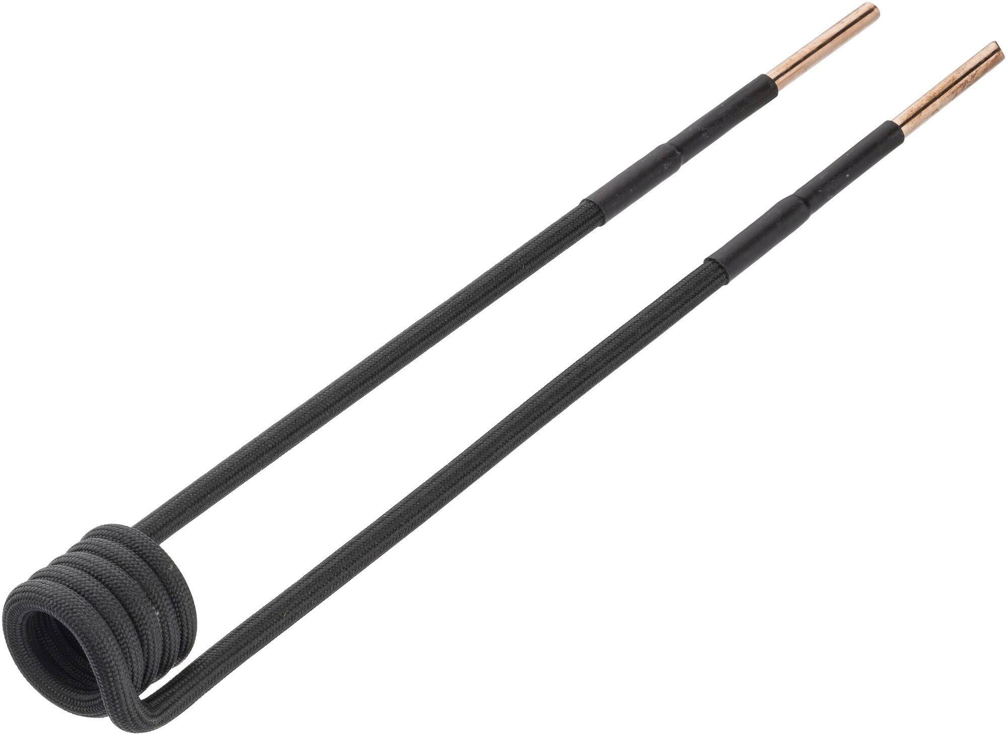 Ein schwarzes, spiralförmiges Kabel mit zwei Enden aus Kupfer, möglicherweise ein Teil eines elektromagnetischen Induktors.