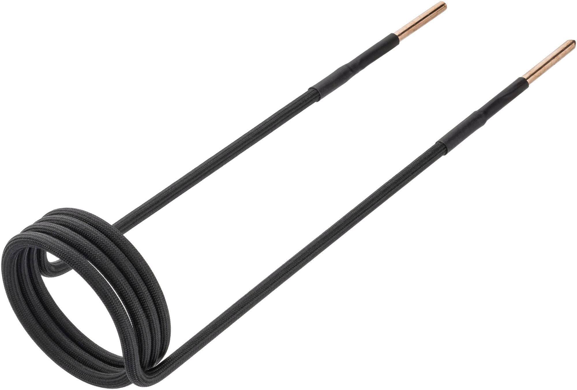 Ein schwarzes, spiralförmiges Heizkabel mit zwei Kupferspitzen, geeignet für Induktionsanwendungen.
