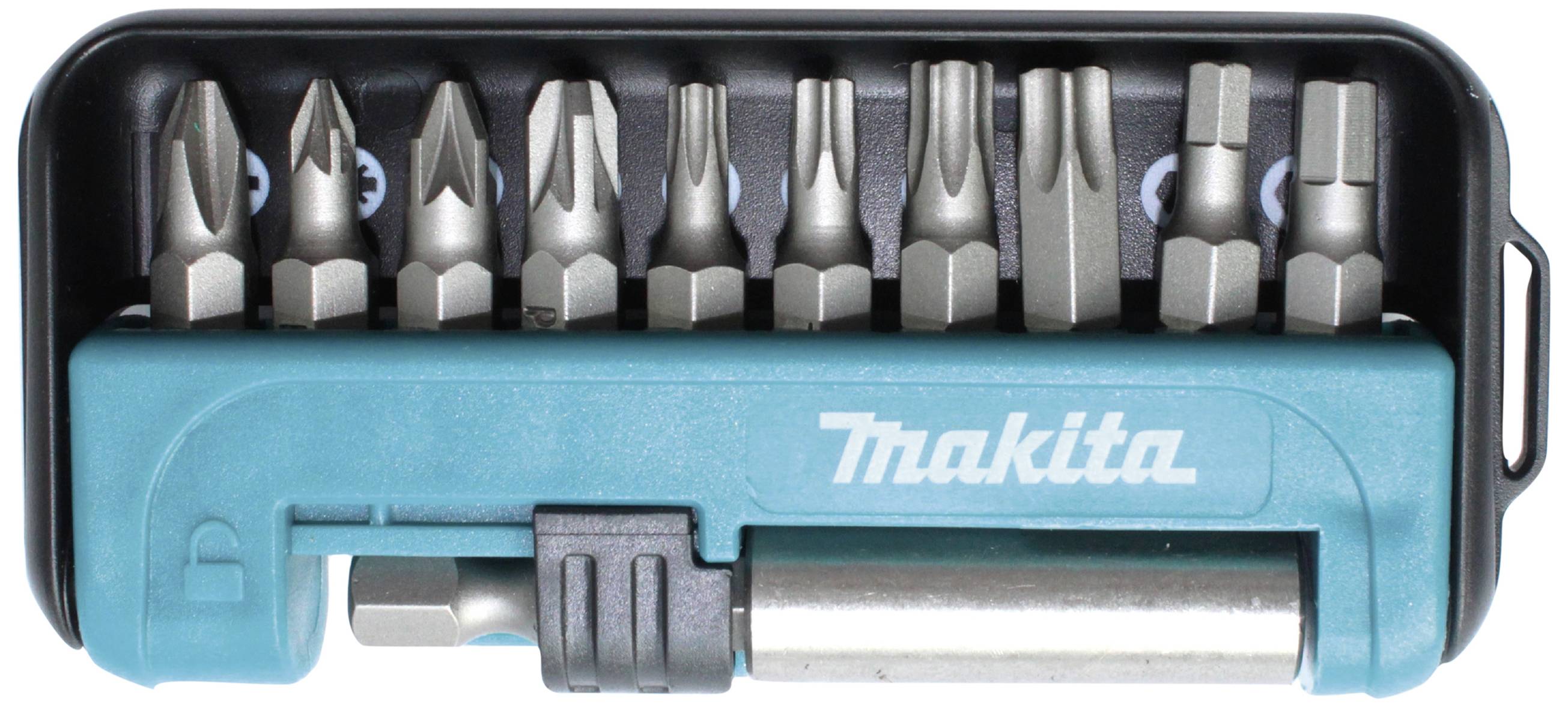 Satz Bits für Schraubendreher in einem blauen Etui. Enthält verschiedene Bit-Typen für vielseitige Anwendungen.