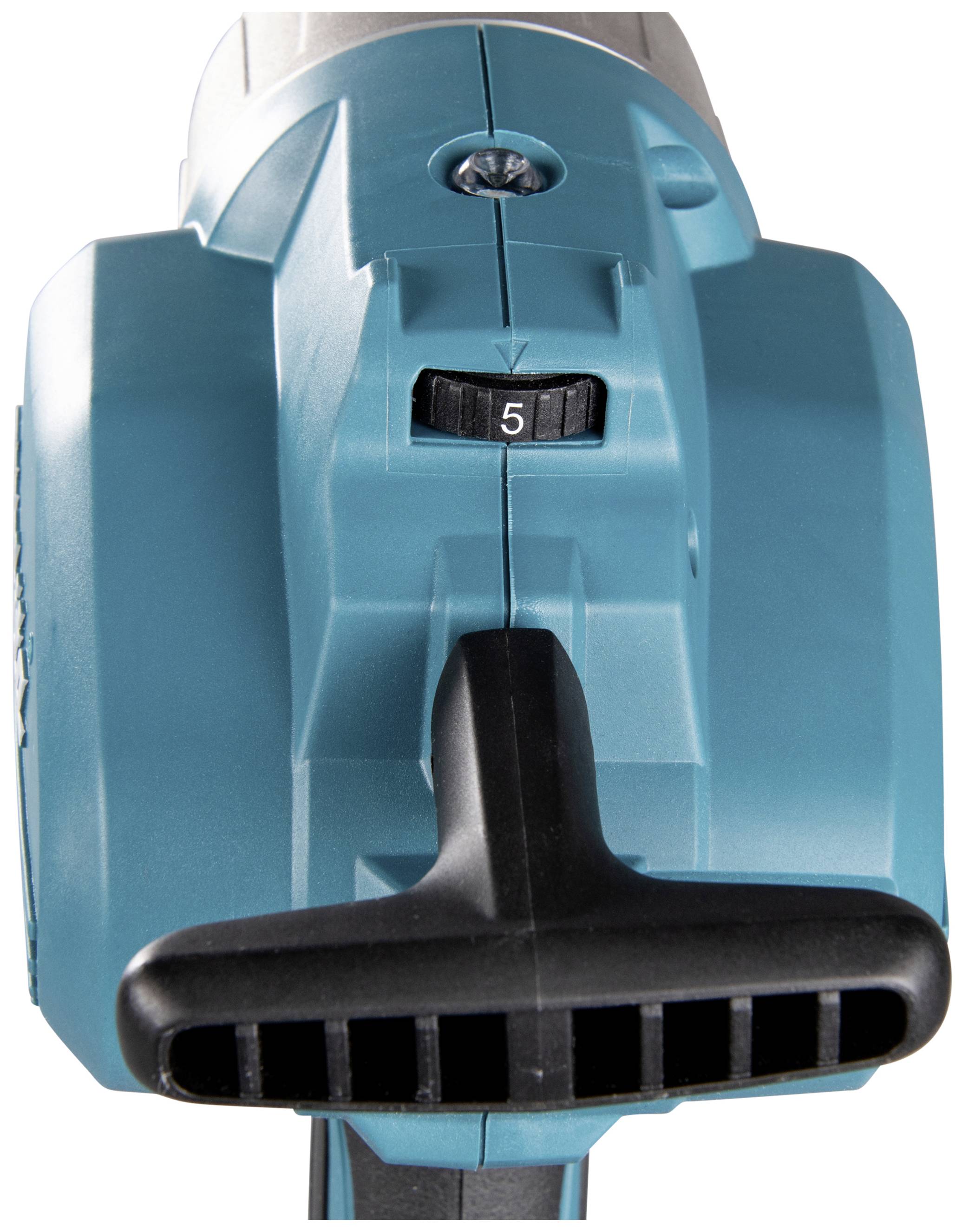 Blauer Elektrowerkzeug-Griff mit schwarzem T-förmigem Hebel und Rädchen, das bei Einstellung 5 steht.