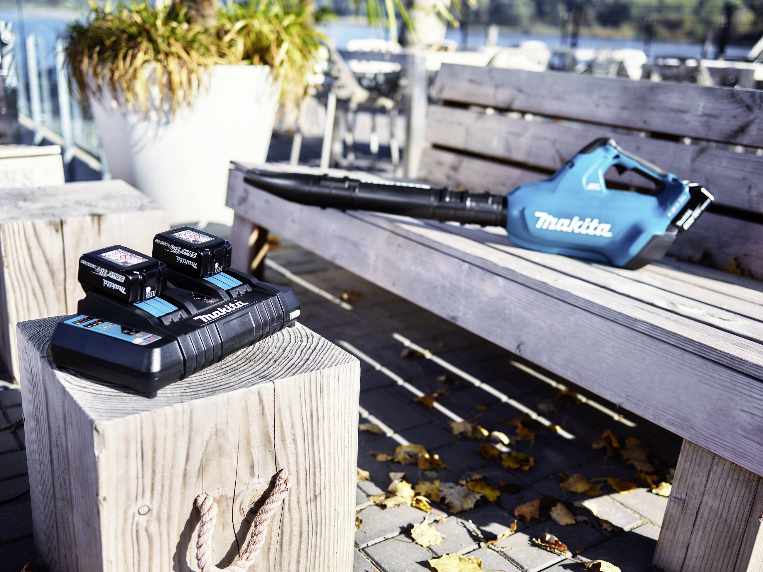 Ein blauer Laubbläser und ein Ladegerät mit zwei Batterien von Makita liegen auf Holzbänken im Freien, umgeben von herbstlichen Blättern.
