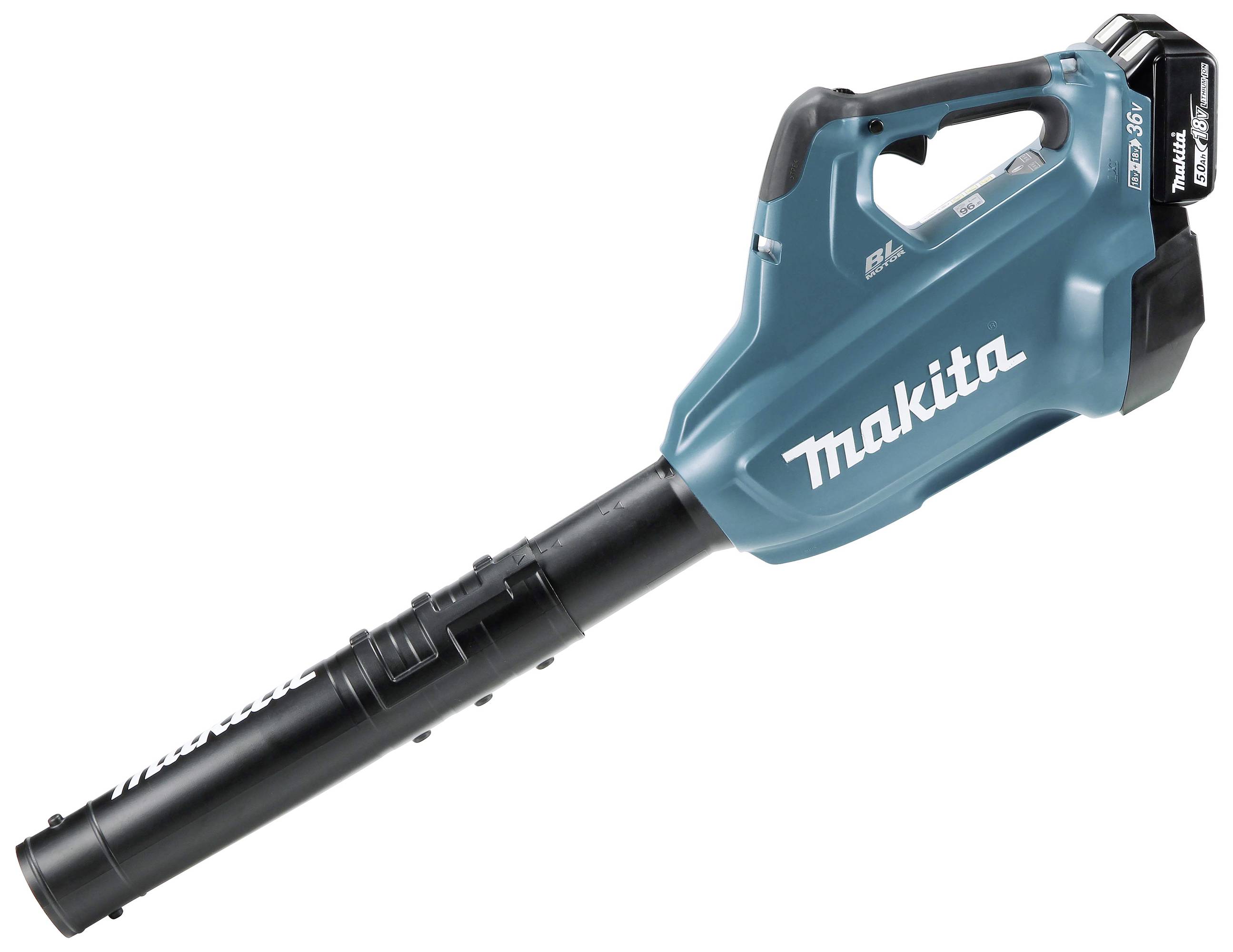 Ein blauer, kabelloser Laubbläser von Makita aus Kunststoff mit schwarzem Blasrohr.
