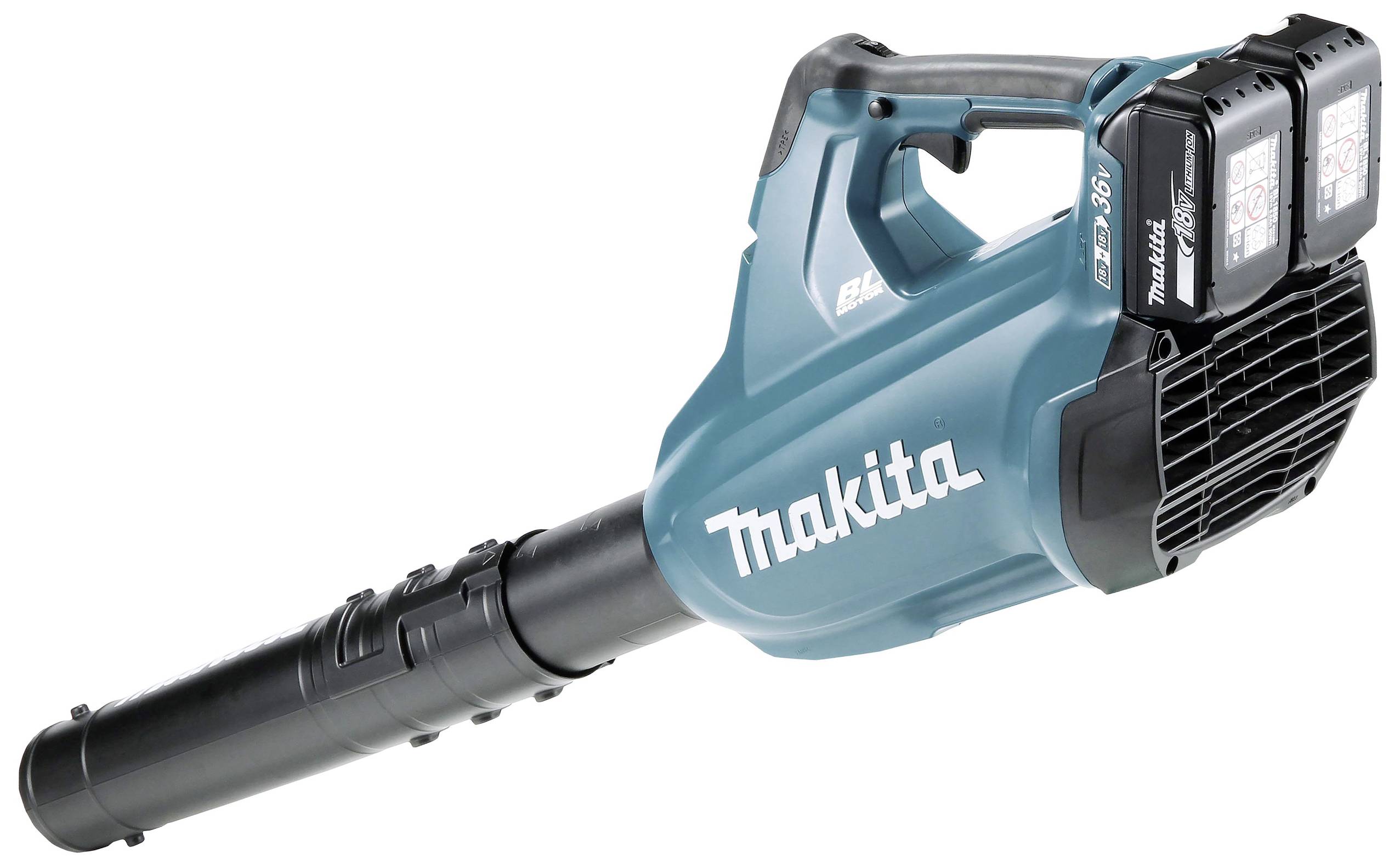 Handheld-Akku-Laubbläser in türkis mit schwarz, Marke 'Makita', zwei Batterien am Griff, geeignet für Gartenarbeiten.