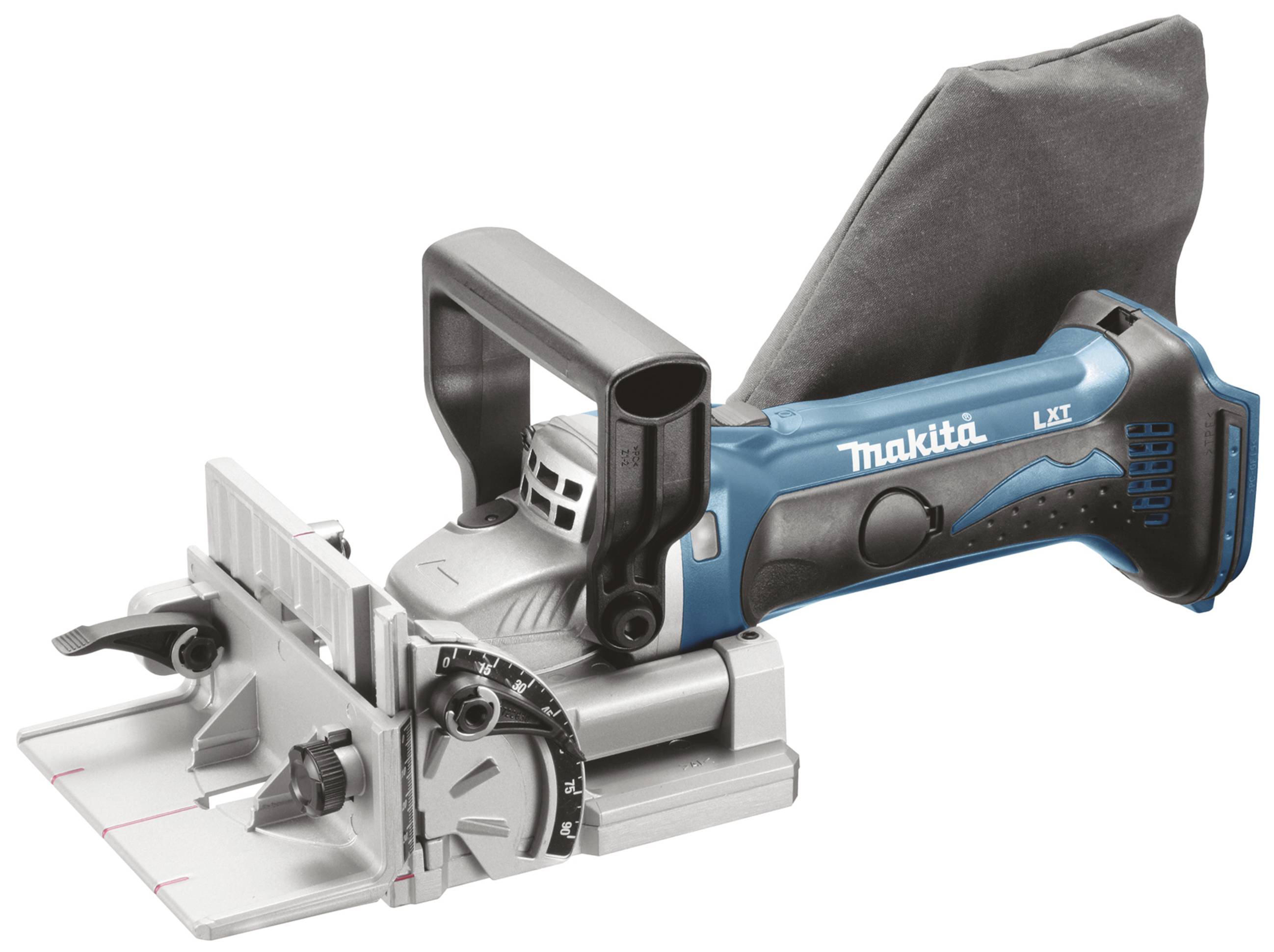 'Makita LXT Akku Flachdübelfräse' zeigt ein kabelloses Elektrowerkzeug mit ergonomischem Griff und Staubbeutel, geeignet für Holzverbindungen.