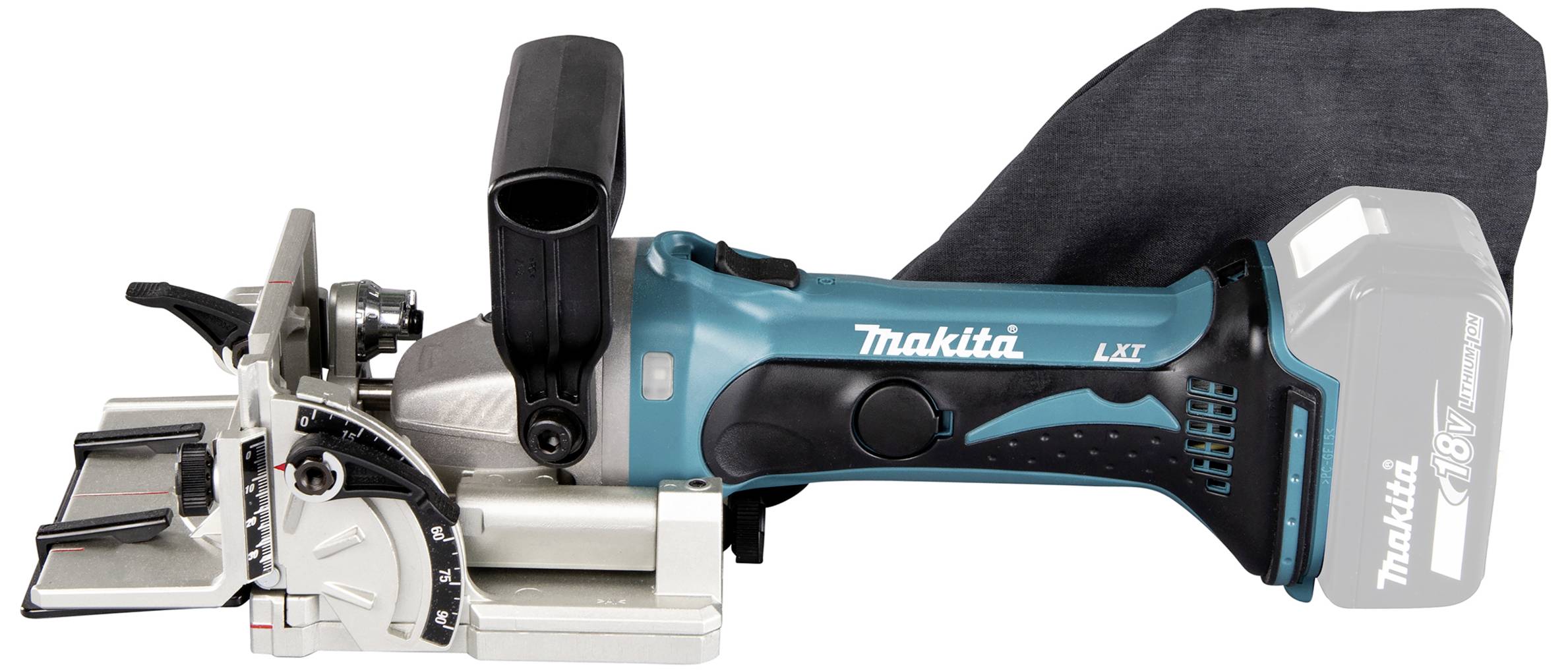 Ein kabelloses, blau-schwarzes Makita-Werkzeug für Holzbearbeitung, mit Griff und Staubbeutel, seitlich aufgenommen.