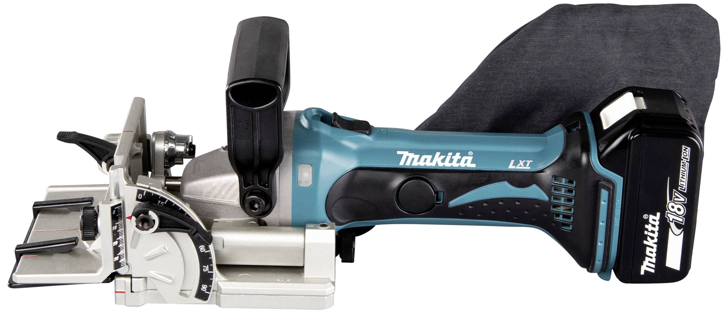Akku-Nutfräse der Marke Makita mit Staubbeutel. Ideal zum Verbinden von Brettern und Holzplatten.