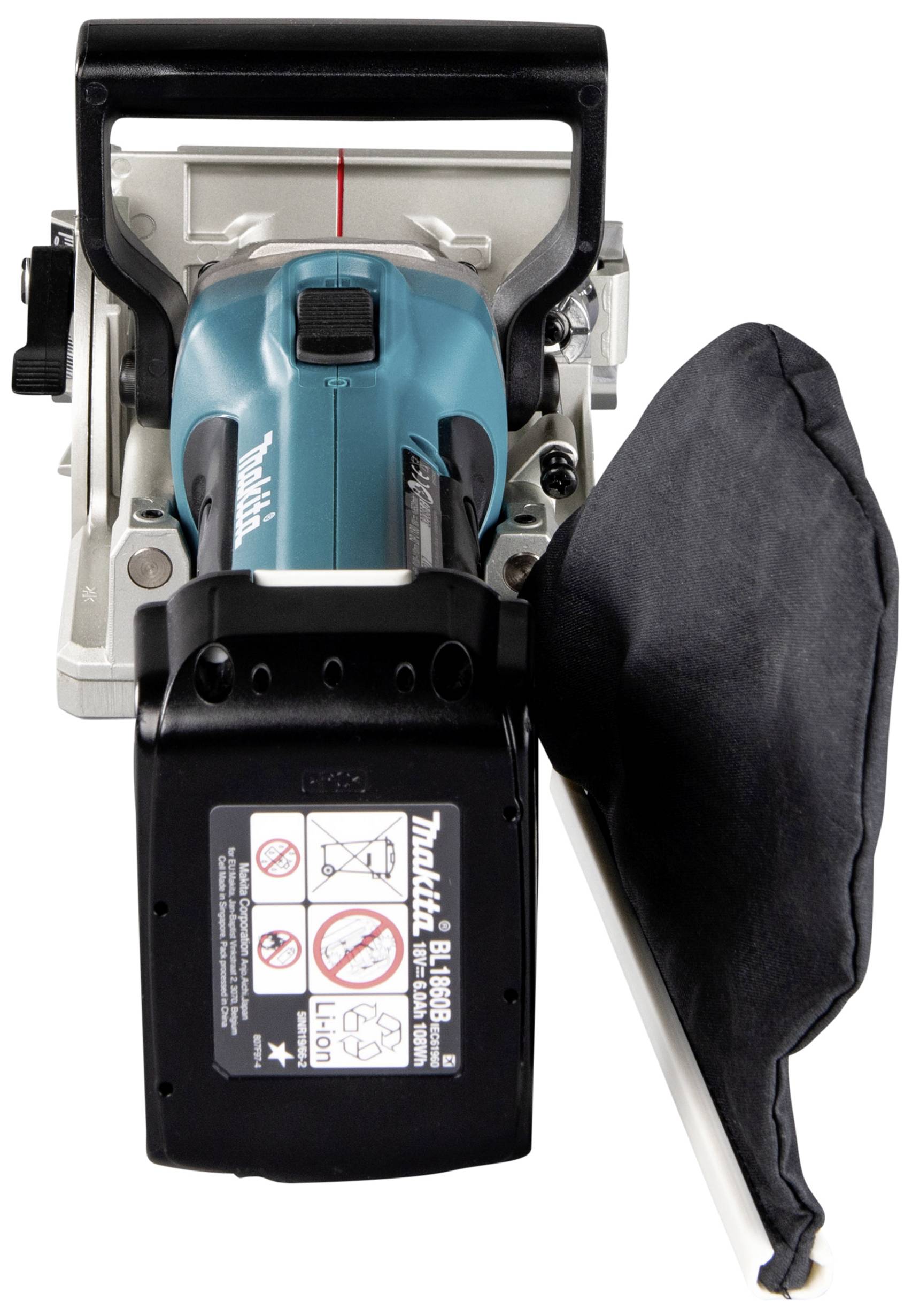 Elektrowerkzeug mit blauem Gehäuse, schwarzem Handgriff und Staubfangsack linksseitig, auf weißem Hintergrund.