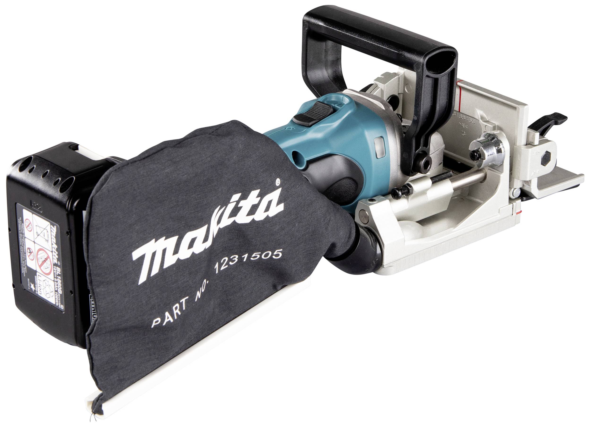Hand-Bandschleifer der Marke Makita mit Staubbeutel, geeignet für das Schleifen von Holzoberflächen.