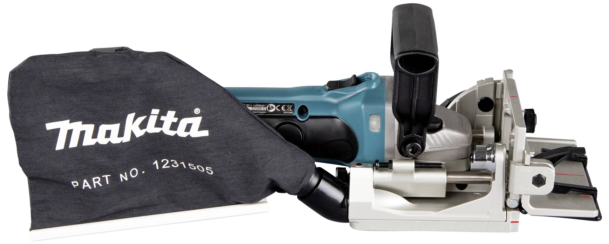 Elektrisches Handwerksgerät mit blauem Gehäuse und schwarzem Staubsack mit 'Makita'-Aufschrift. Eignet sich zum Fräsen.