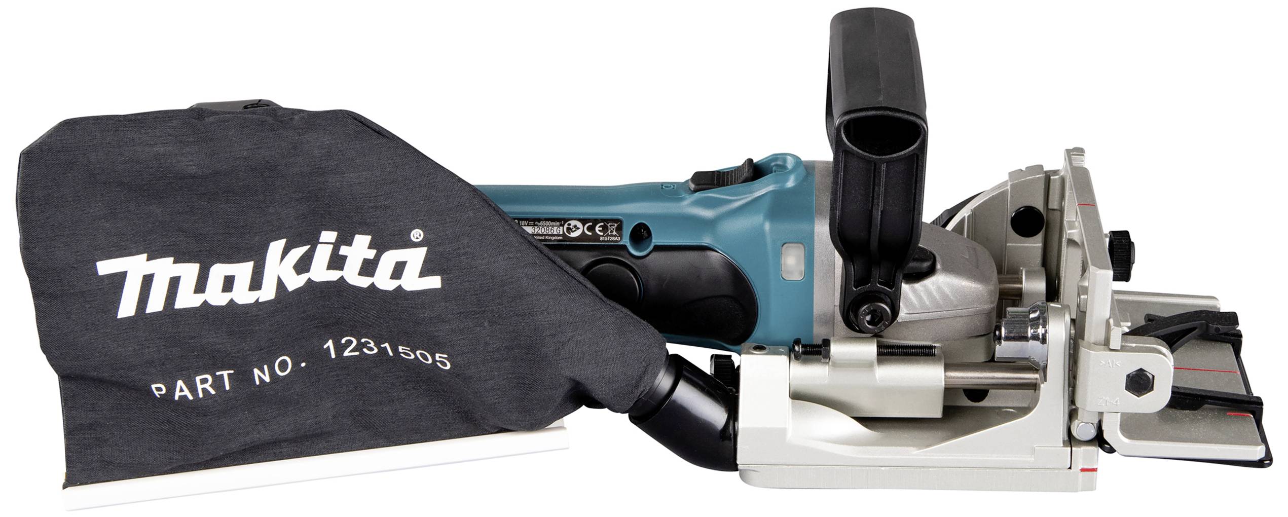 Eine blaue Makita-Kappsäge mit Staubbeutel, Modell 1231505. Die Säge ist für präzise Schnitte in Holz konzipiert.
