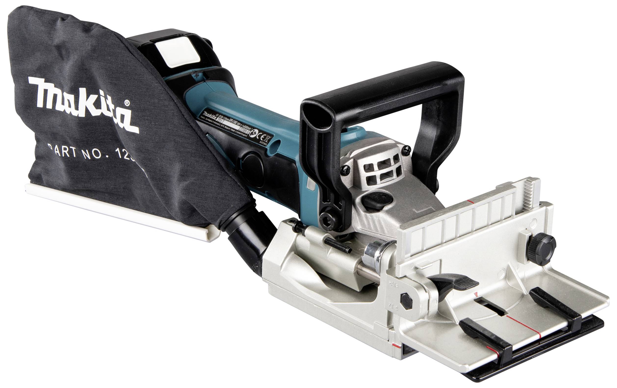 Holzverbindungsfräse mit Staubbeutel und Griff, geeignet für präzise Nutenfräsungen in Holzverbindungen.