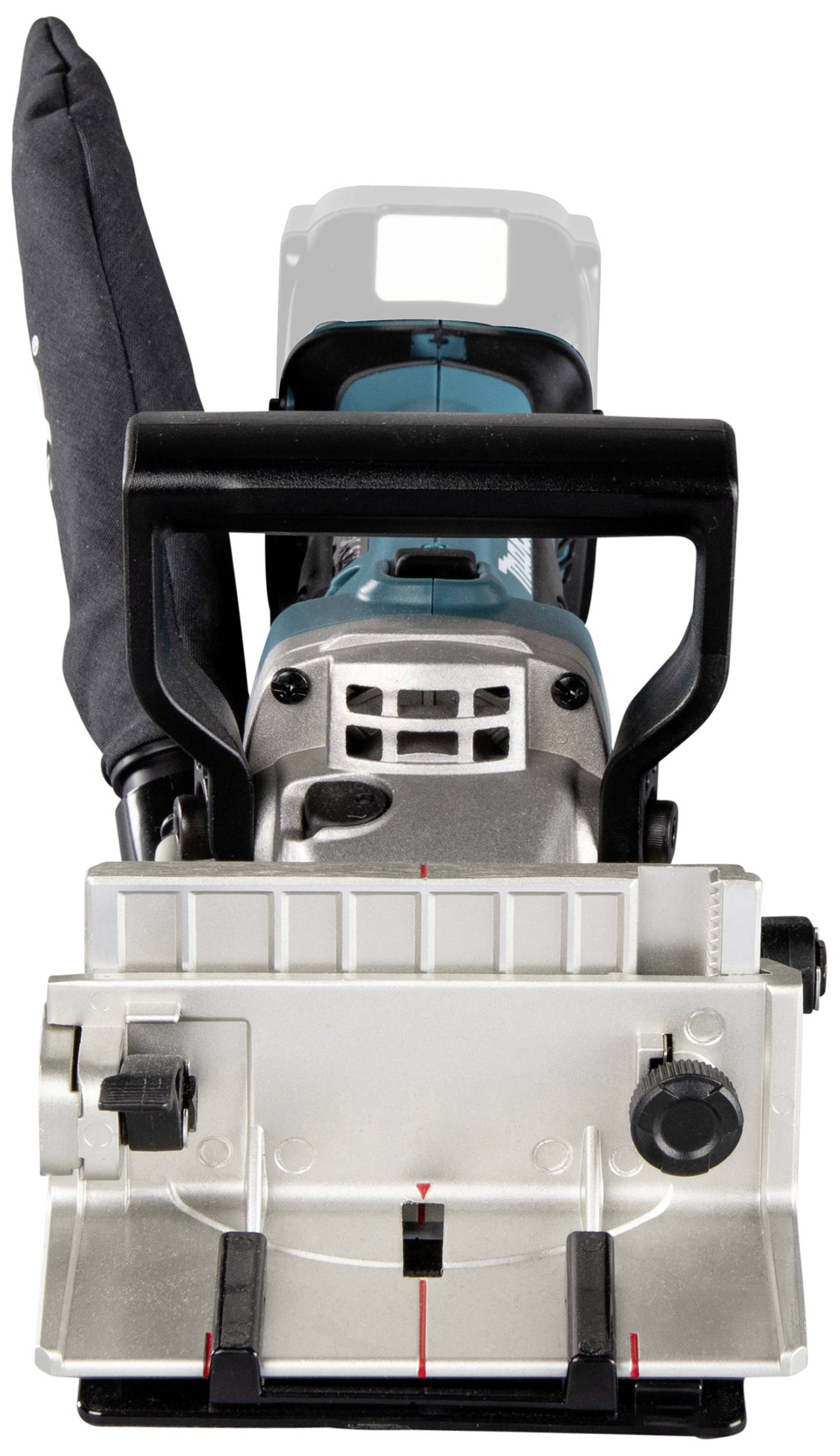 Elektrowerkzeug, Ansicht von vorne. Gerät mit schwarzem Griff und silbernem Gehäuse, wahrscheinlich für Holzarbeiten.