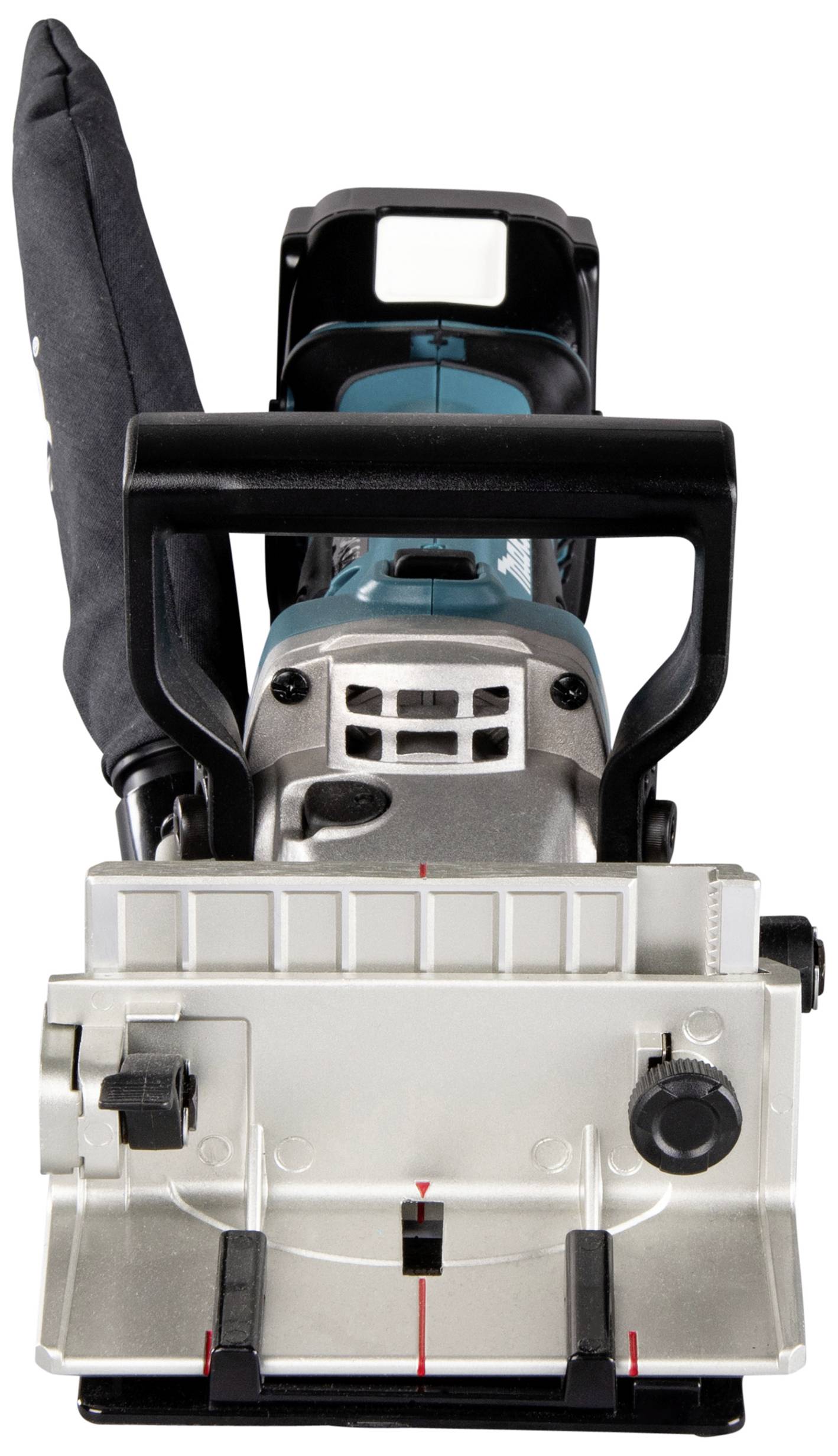 Vorderansicht eines Elektrowerkzeugs, wahrscheinlich eine Oberfräse, mit Griff, Metallgehäuse und schwarzem Staubsack.