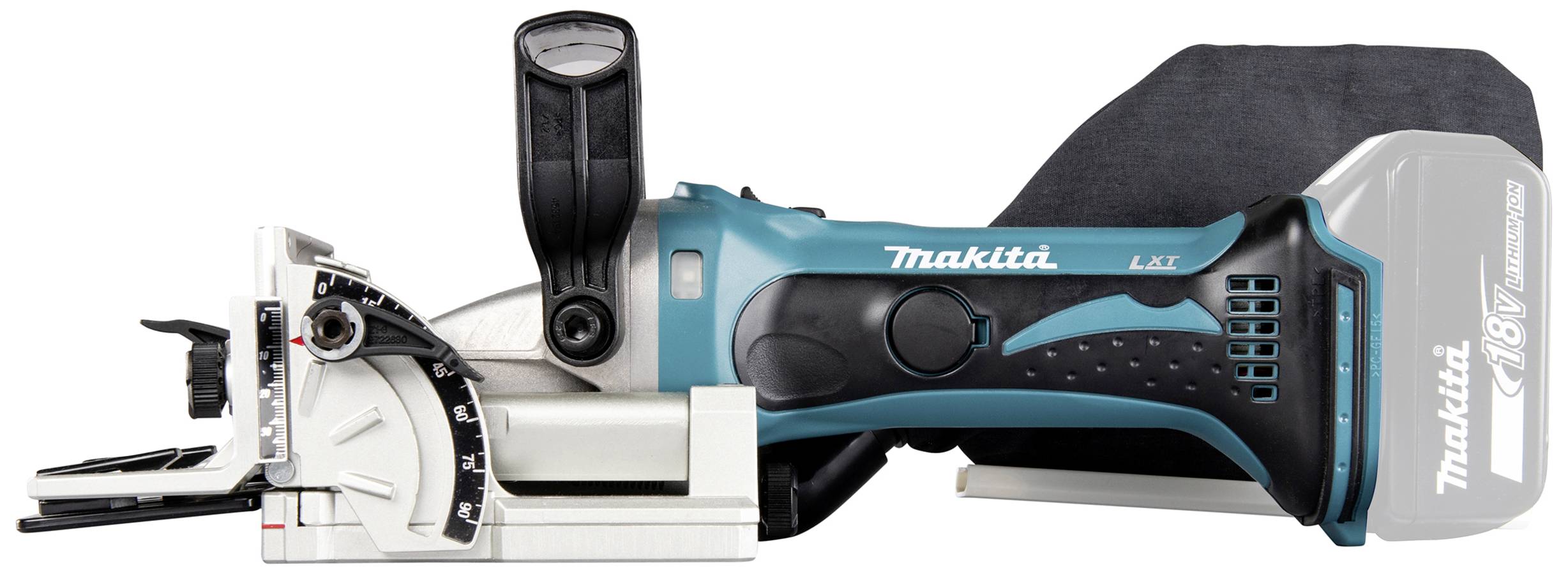 Das Bild zeigt einen blauen und schwarzen Winkelschleifer der Marke Makita. Es ist ein Modell mit Akku, ohne Kabel.