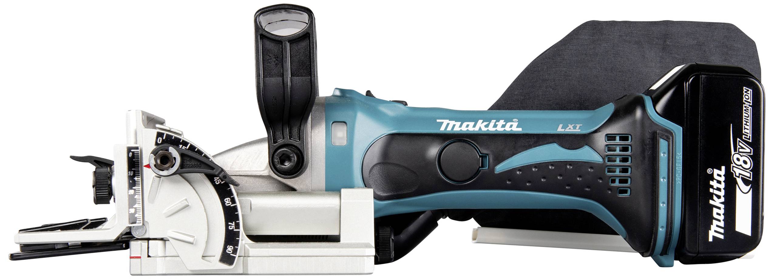 Akku-Nutfräse mit 18V-Batterie und verstellbarem Winkelanschlag, genutzt für präzises Fräsen in Holzverbindungen.