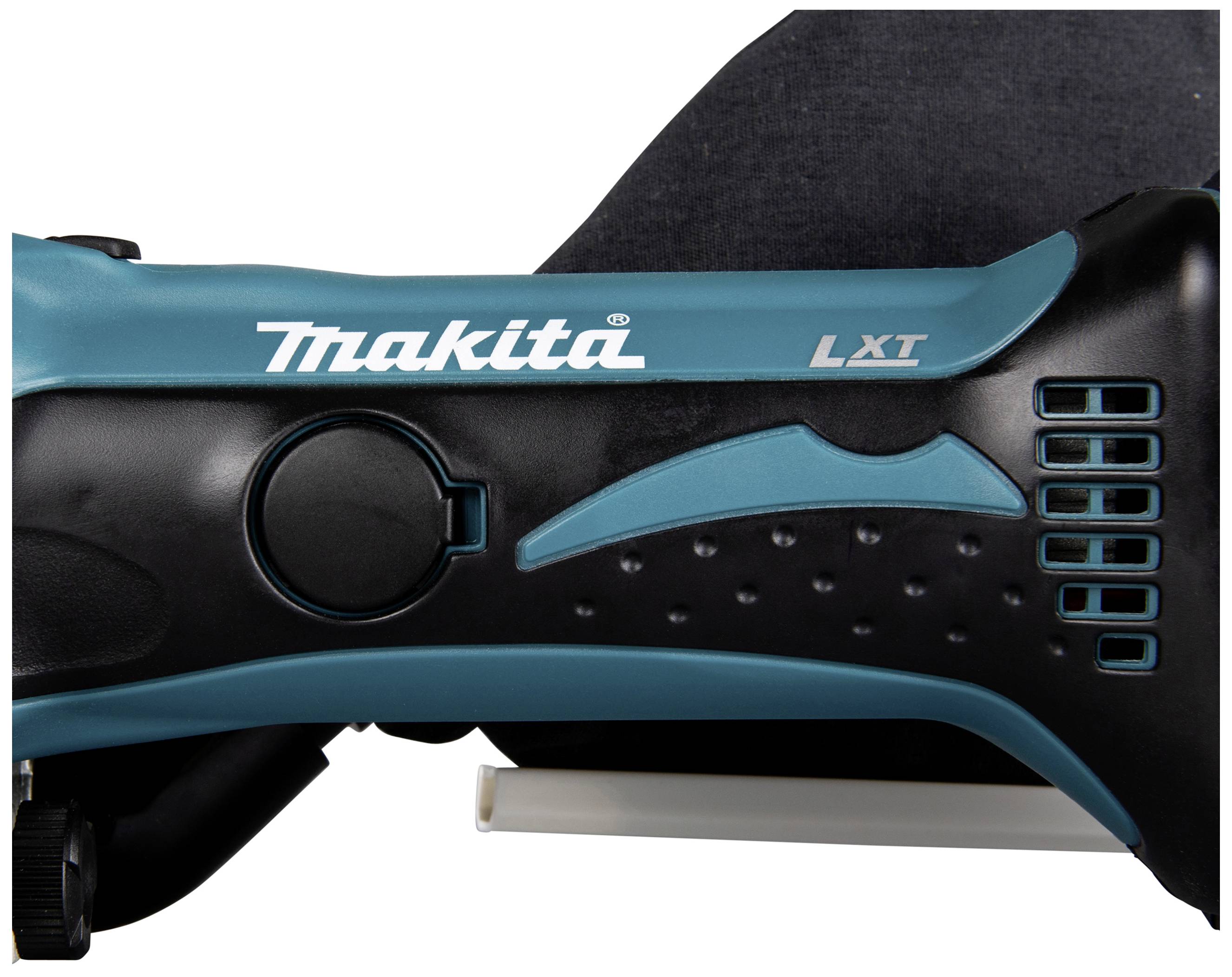 Ein Akkuwinkelschleifer der Marke Makita mit blauem Gehäuse, seitlicher Schutzvorrichtung und ergonomischem Griff.