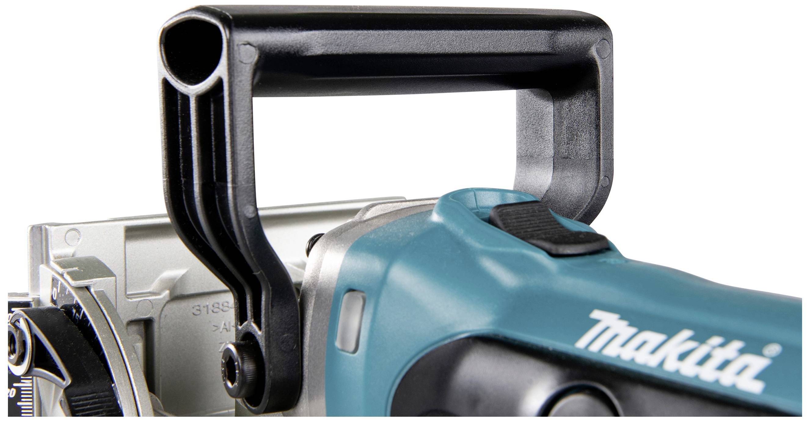 Nahaufnahme einer elektrischen Säge mit blauem Gehäuse und schwarzem Griff.