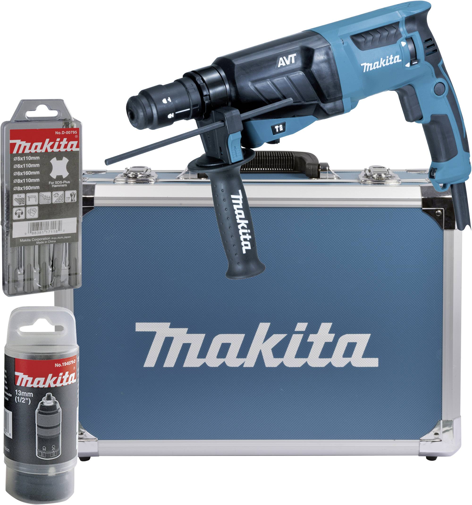 Bohrhammer von Makita in Blau mit silbernem Transportkoffer. Enthalten sind Bohrer und Zubehör, geeignet für Heim- und Profihandwerker.