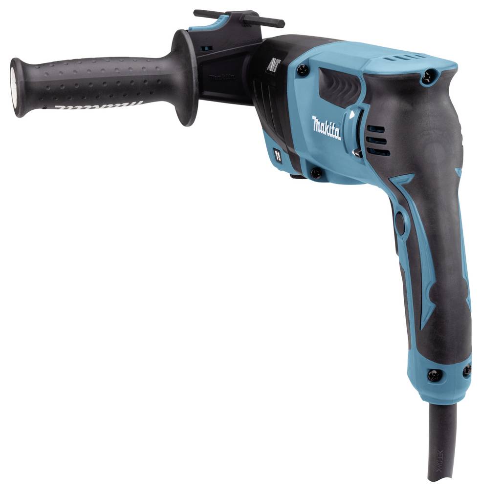 Eine blaue und schwarze Elektro-Bohrmaschine mit Seitengriff, konzipiert für schwere Einsätze. Die Bohrmaschine verfügt über einen strukturierten Griff für bessere Kontrolle.