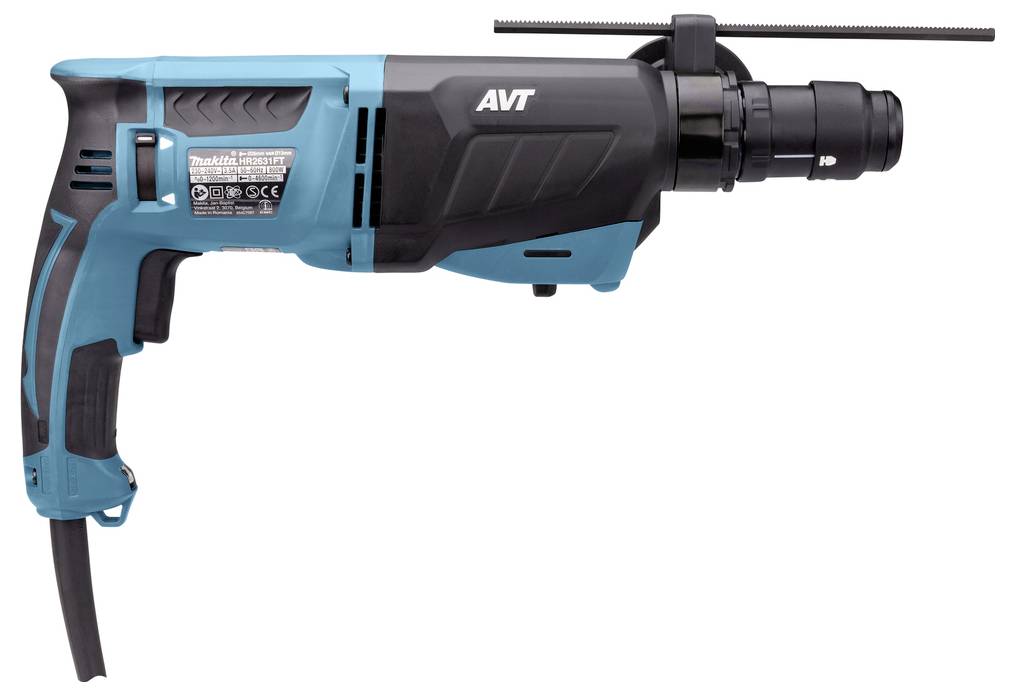 Ein blauer und schwarzer Akkuschrauber mit Seitengriff und schnellspannender Bohrfutter, konzipiert für schwere Bohrtätigkeiten. Modellname 'AVT' sichtbar.