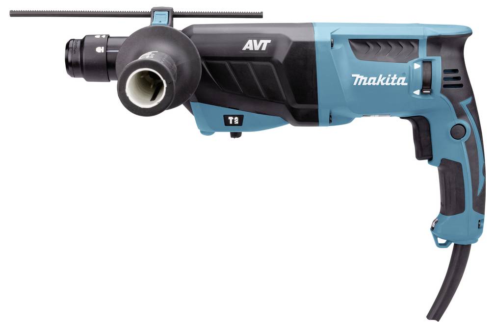 Ein blau-schwarzer elektrischer Rotationshammer mit Makita-Branding, geeignet für schwere Bohrtätigkeiten.