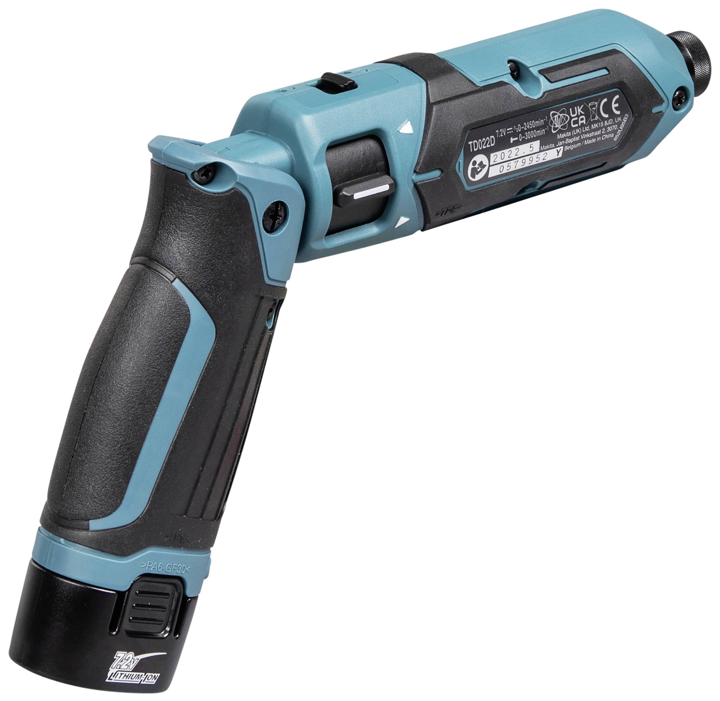 Ein blauer, kabelloser Schraubendreher mit ergonomischem Griff. Der Schraubendreher ist leicht angewinkelt für besseren Halt.