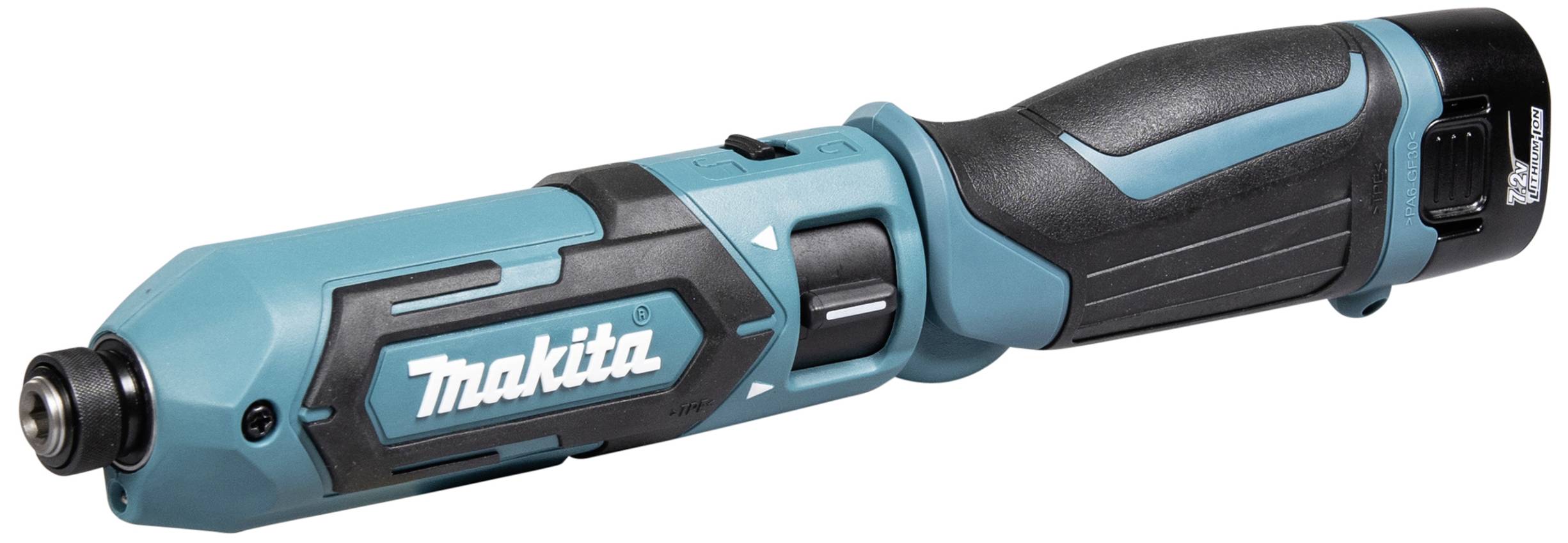 Akkuschrauber in blau-schwarzem Design mit 'Makita' Logo auf der Seite, ergonomischem Griff und verstellbarem Kopf.