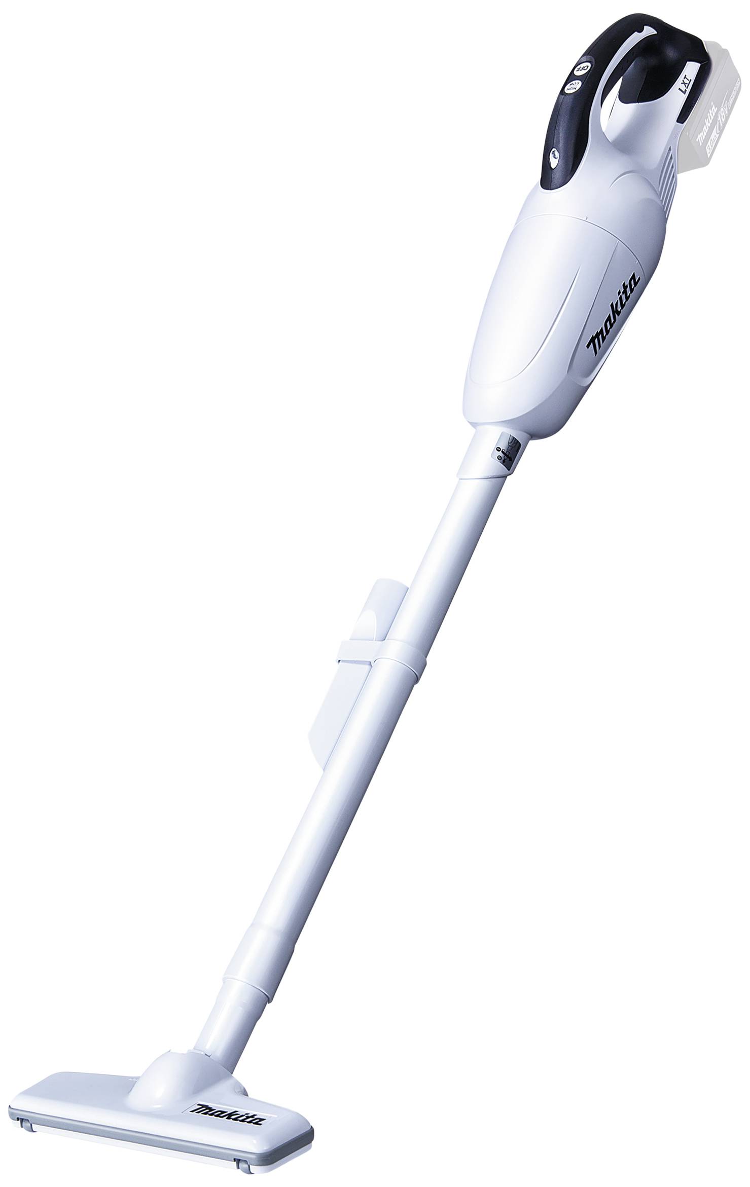 Kabelloser, weißer Handstaubsauger mit schlankem Design. Geeignet für einfache Hausreinigung. Markentext 'Makita' sichtbar am Gerät.