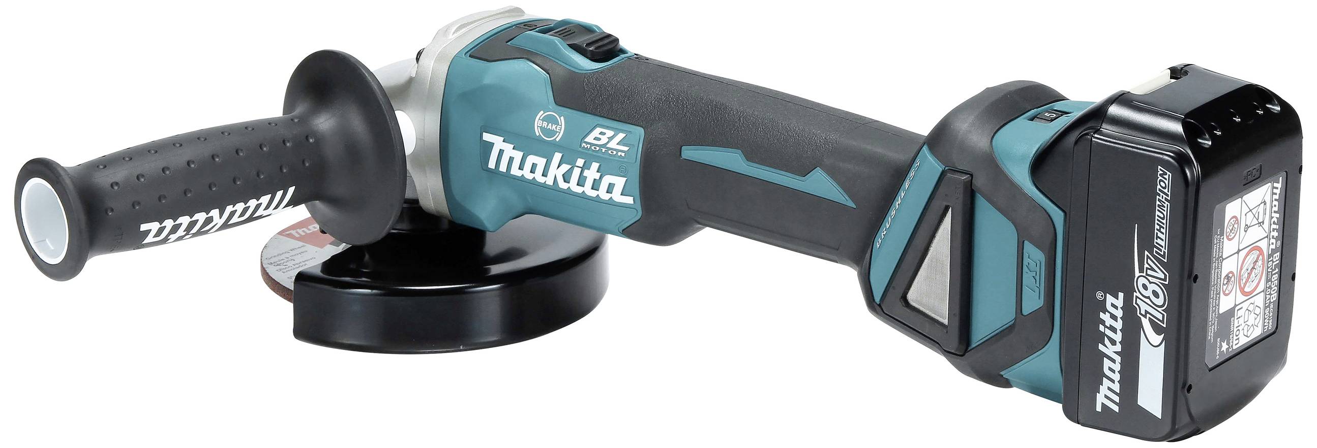 Akkubetriebener Winkelschleifer mit Handgriff und Scheibe. Makita-Logo sichtbar. Geeignet für handwerkliche Arbeiten.