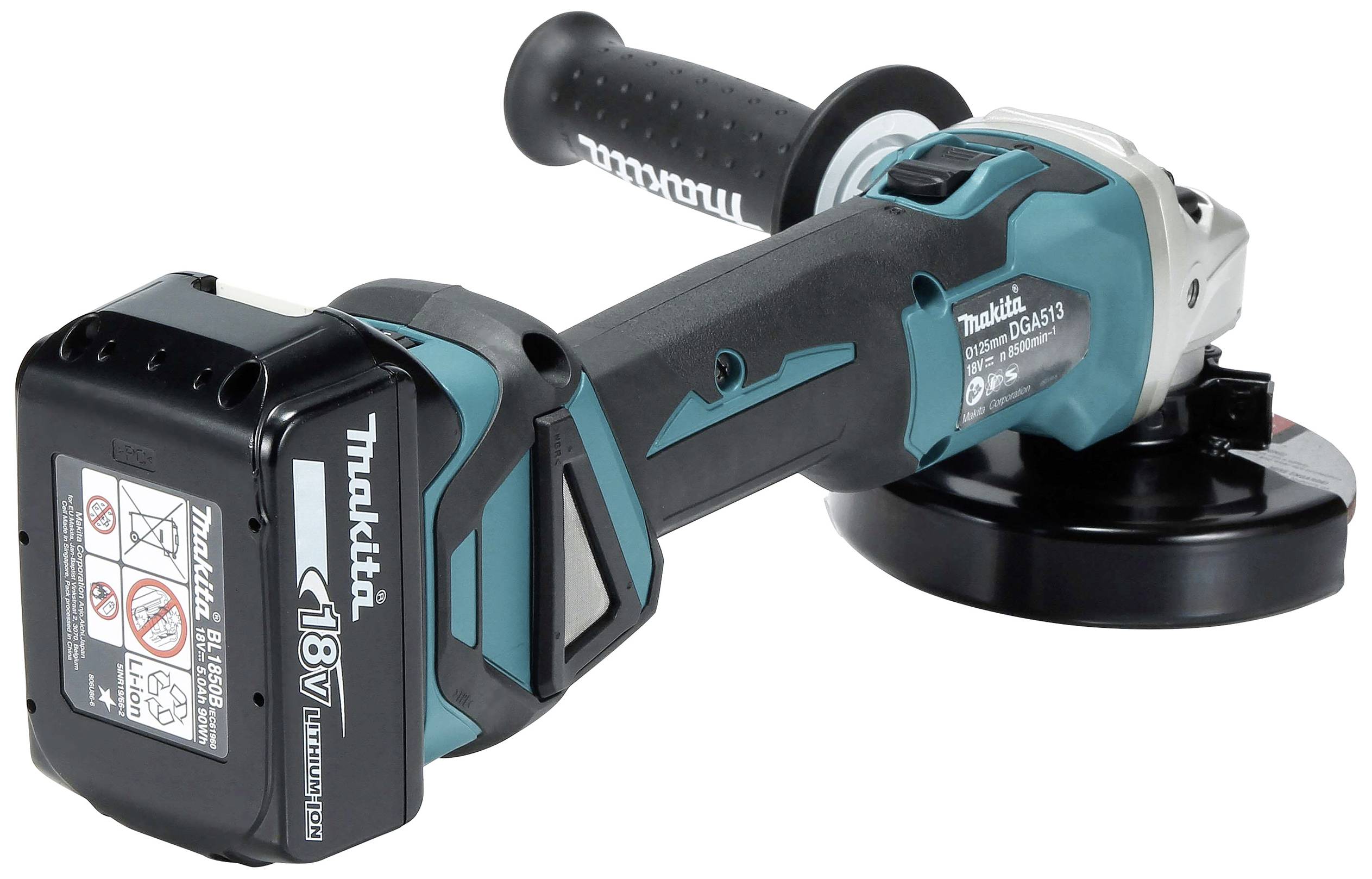 Akkubetriebener Winkelschleifer in Blau-Schwarz von Makita mit 18V Batterie und Seitengriff, ideal für Schleif- und Schneidearbeiten.