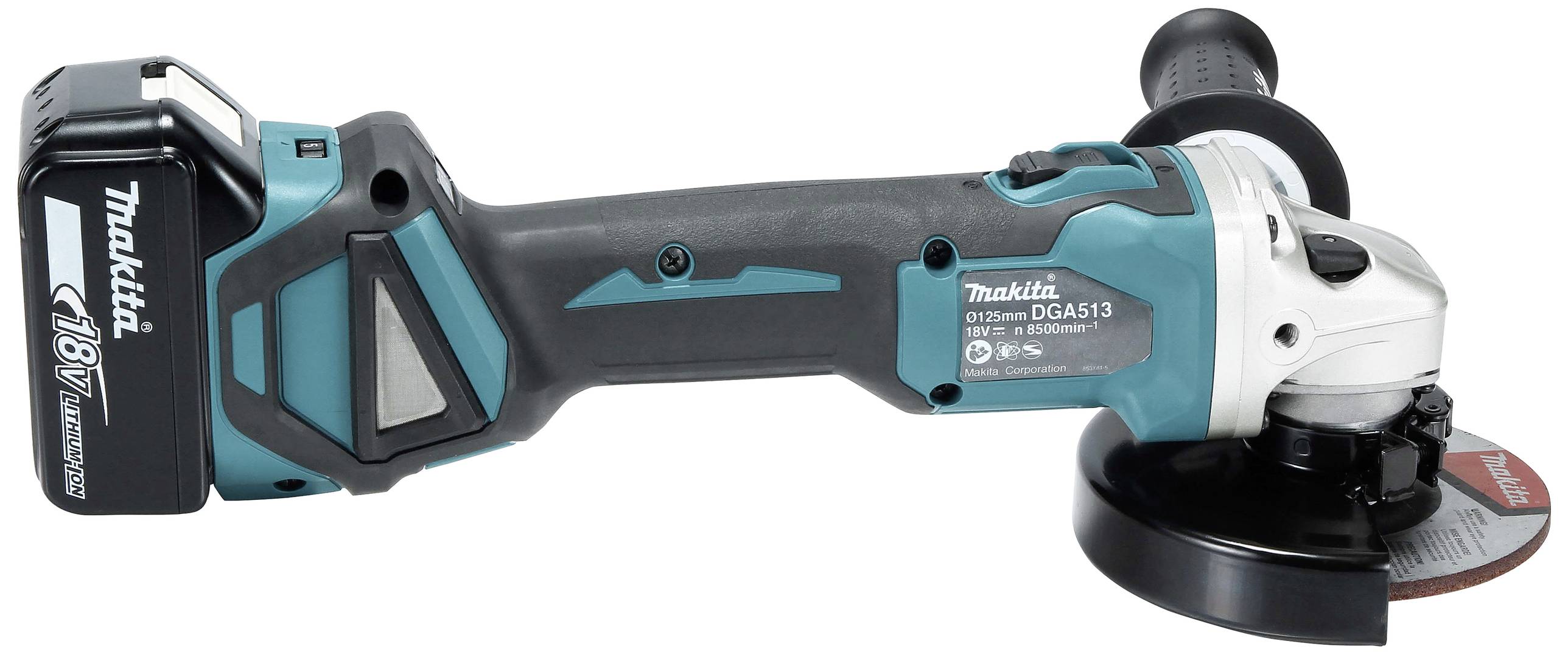 Eine kabellose Winkelschleifmaschine mit blau-schwarzem Gehäuse von Makita. Sie hat einen ergonomischen Griff und einen 18V-Akku.