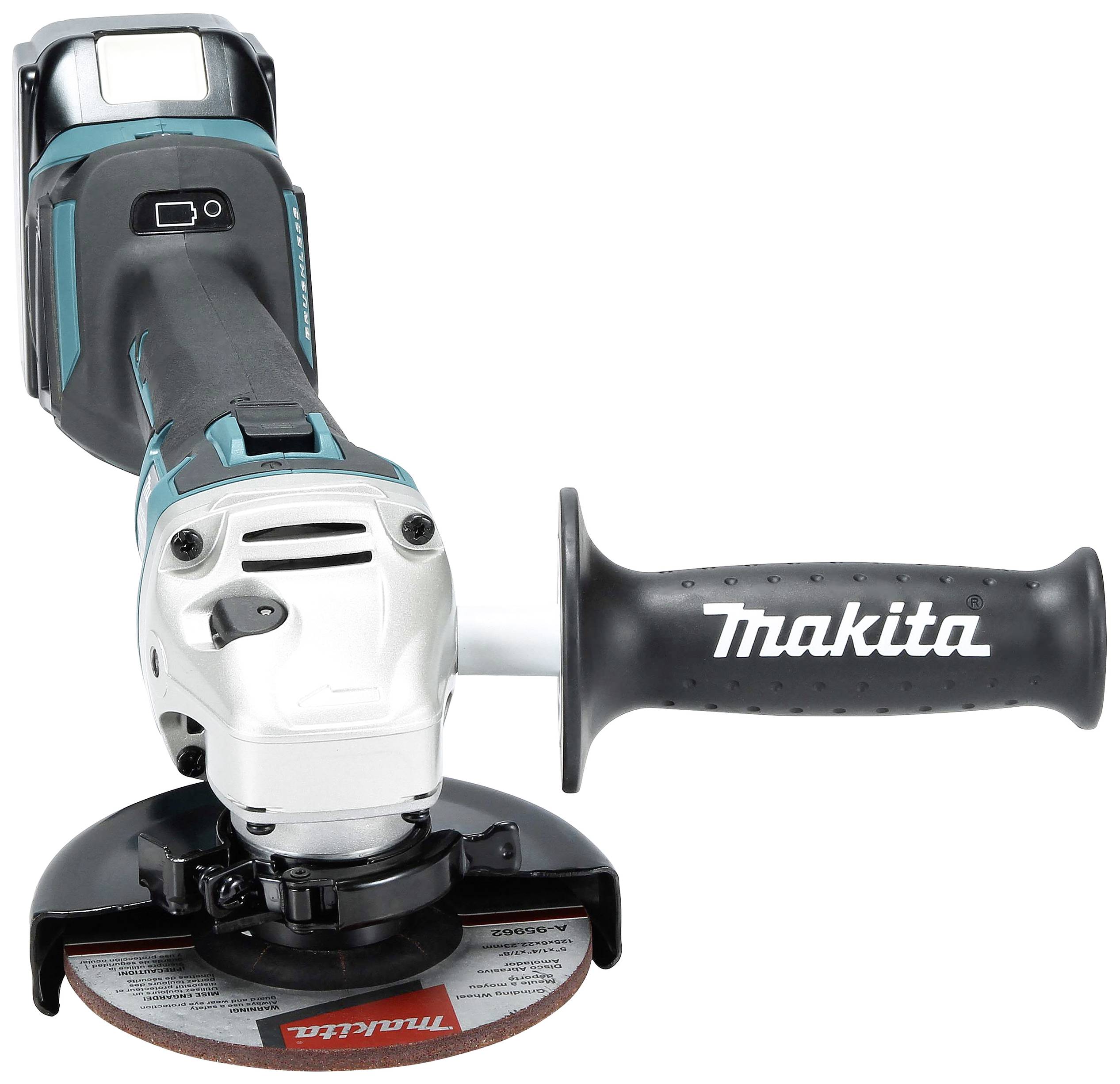 Akkubetriebene Winkelschleifer-Maschine mit schwarzem und blauem Gehäuse. Griff mit 'Makita'-Logo.